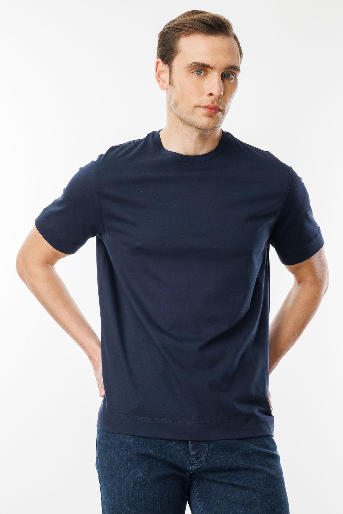 25737Erkek Sıfır Yaka Pamuklu T-shirt Lacivert