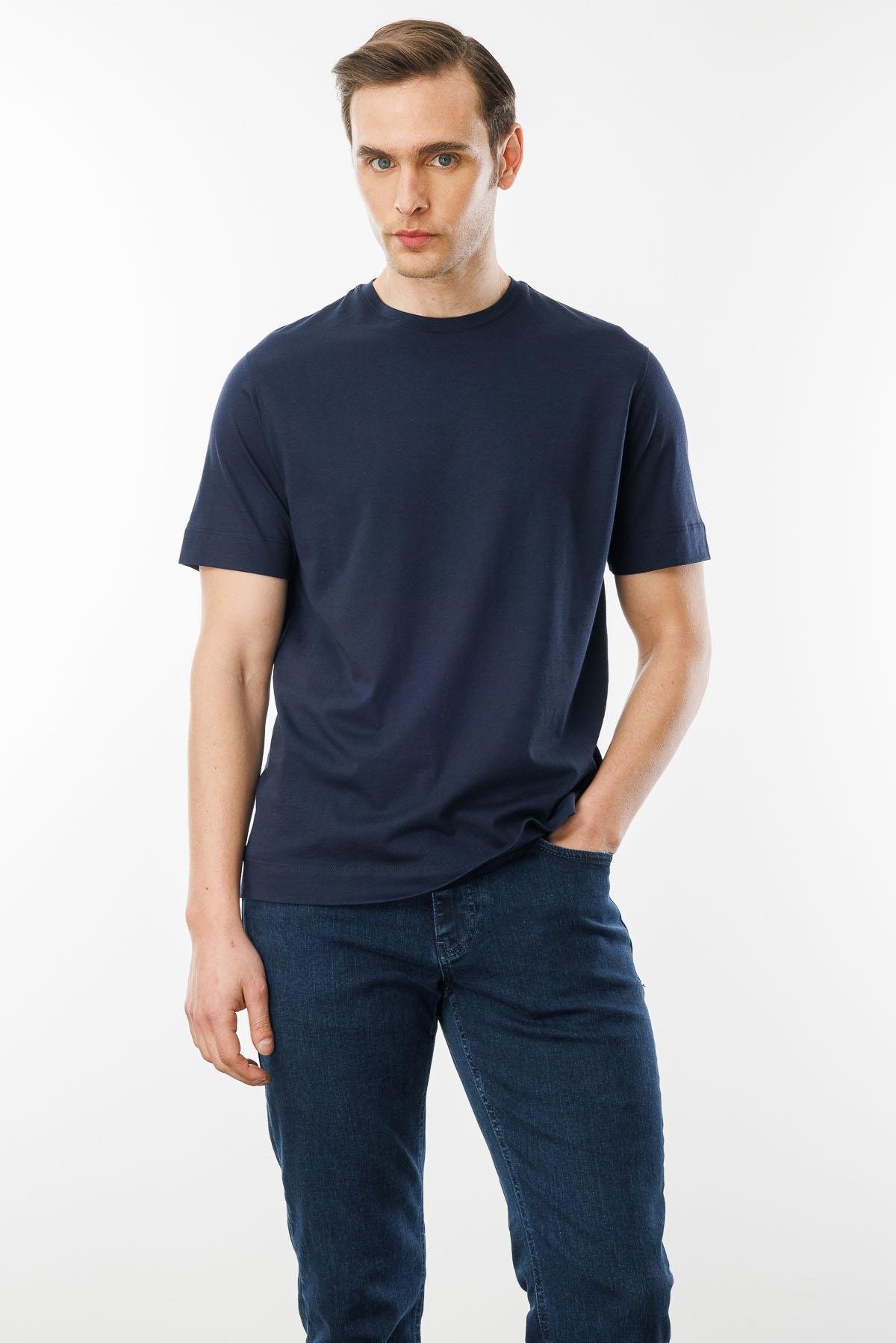 25737Erkek Sıfır Yaka Pamuklu T-shirt Lacivert