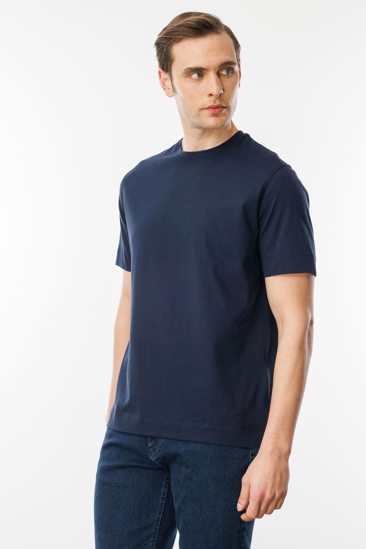 25737Erkek Sıfır Yaka Pamuklu T-shirt Lacivert