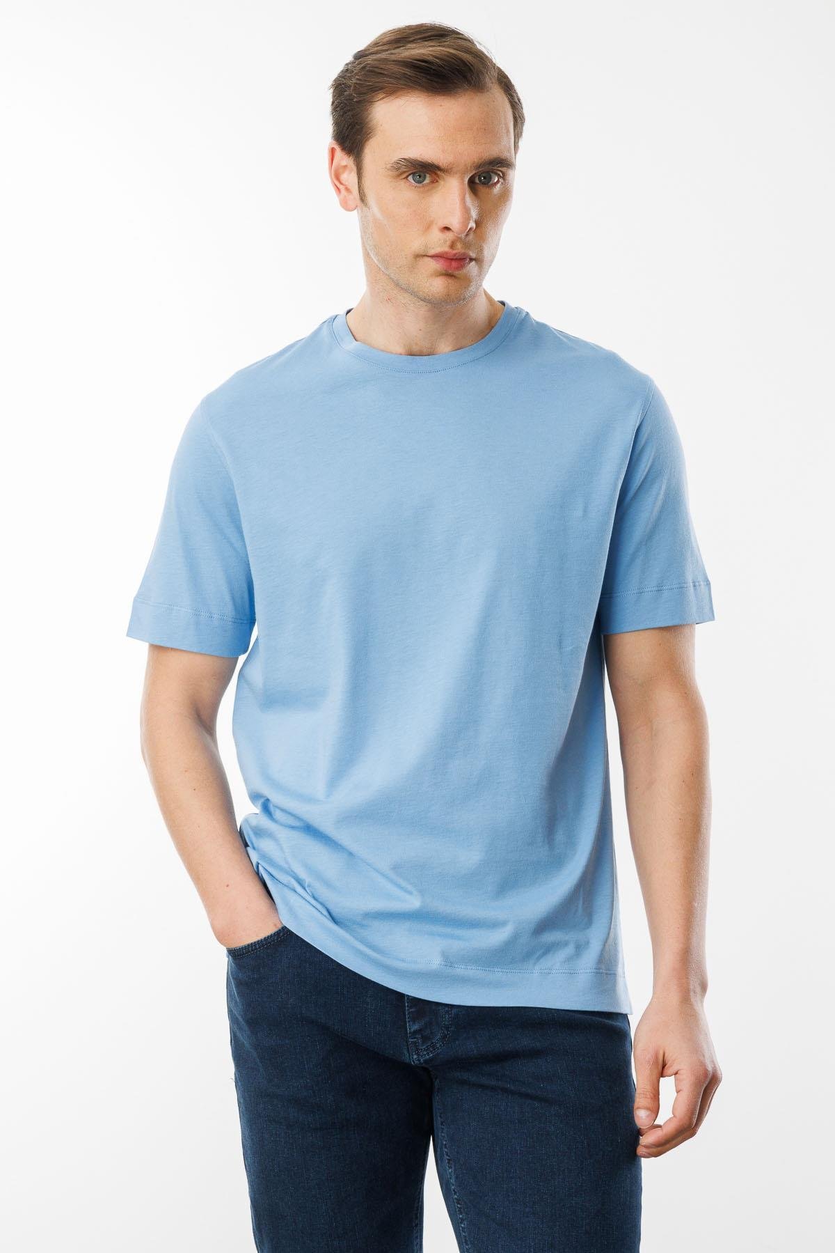 25737Erkek Sıfır Yaka Pamuklu T-shirt Mavi