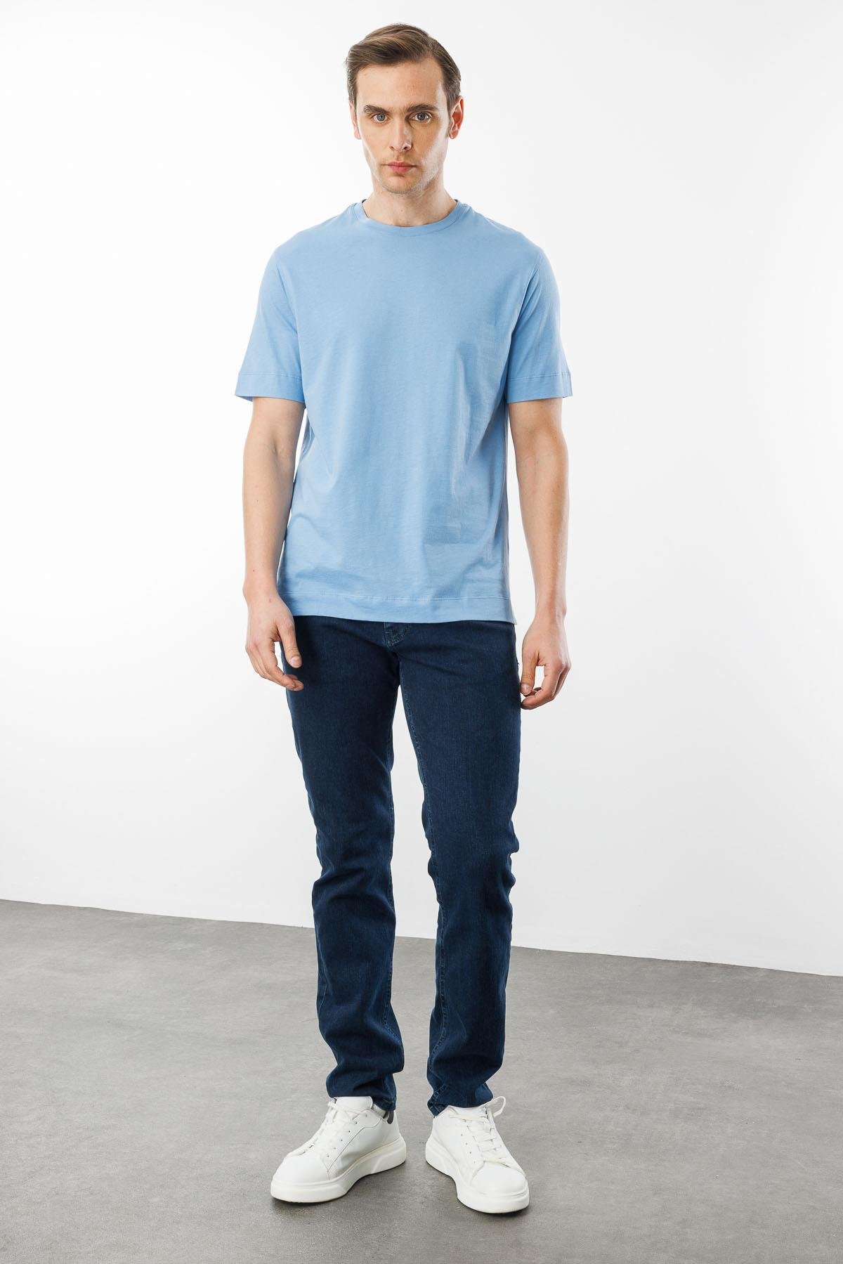 25737Erkek Sıfır Yaka Pamuklu T-shirt Mavi