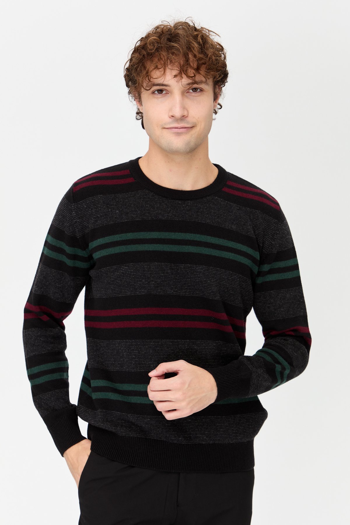 23500Erkek Sıfır Yaka Renkli Çizgili Klasik Yün Kazak Siyah