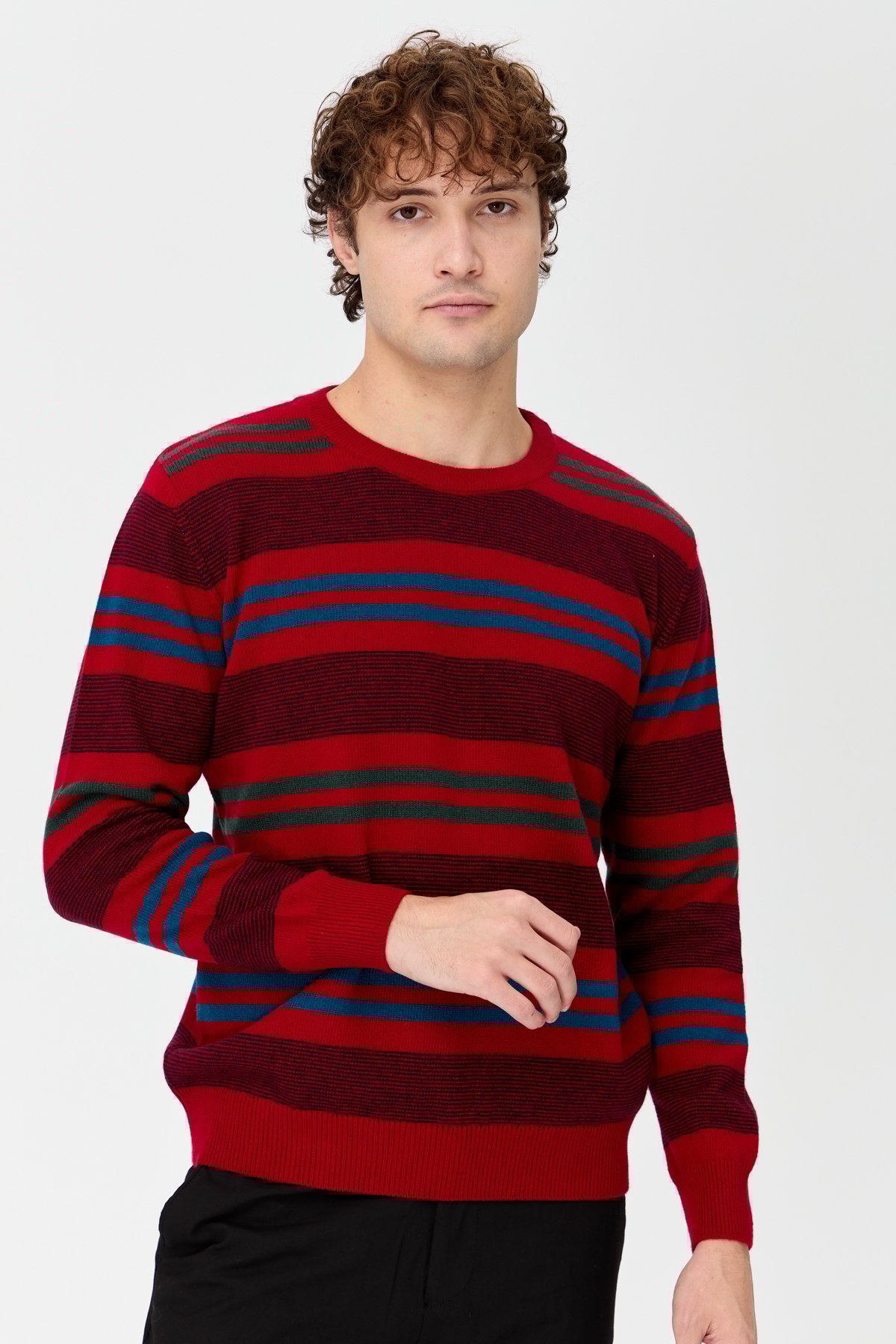 23500Erkek Sıfır Yaka Renkli Çizgili Klasik Yün Kazak K.Kırmızı