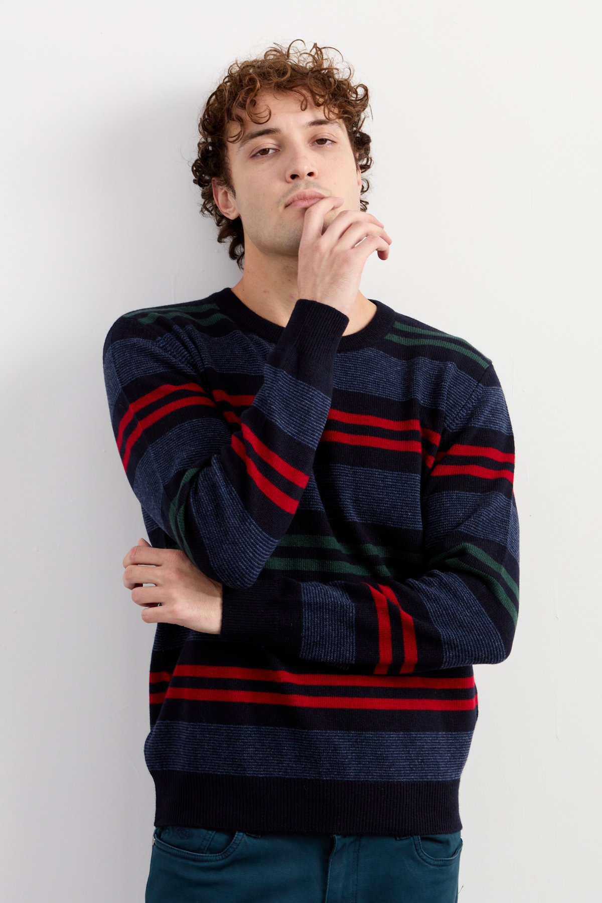 23500Erkek Sıfır Yaka Renkli Çizgili Klasik Yün Kazak K.Lacivert