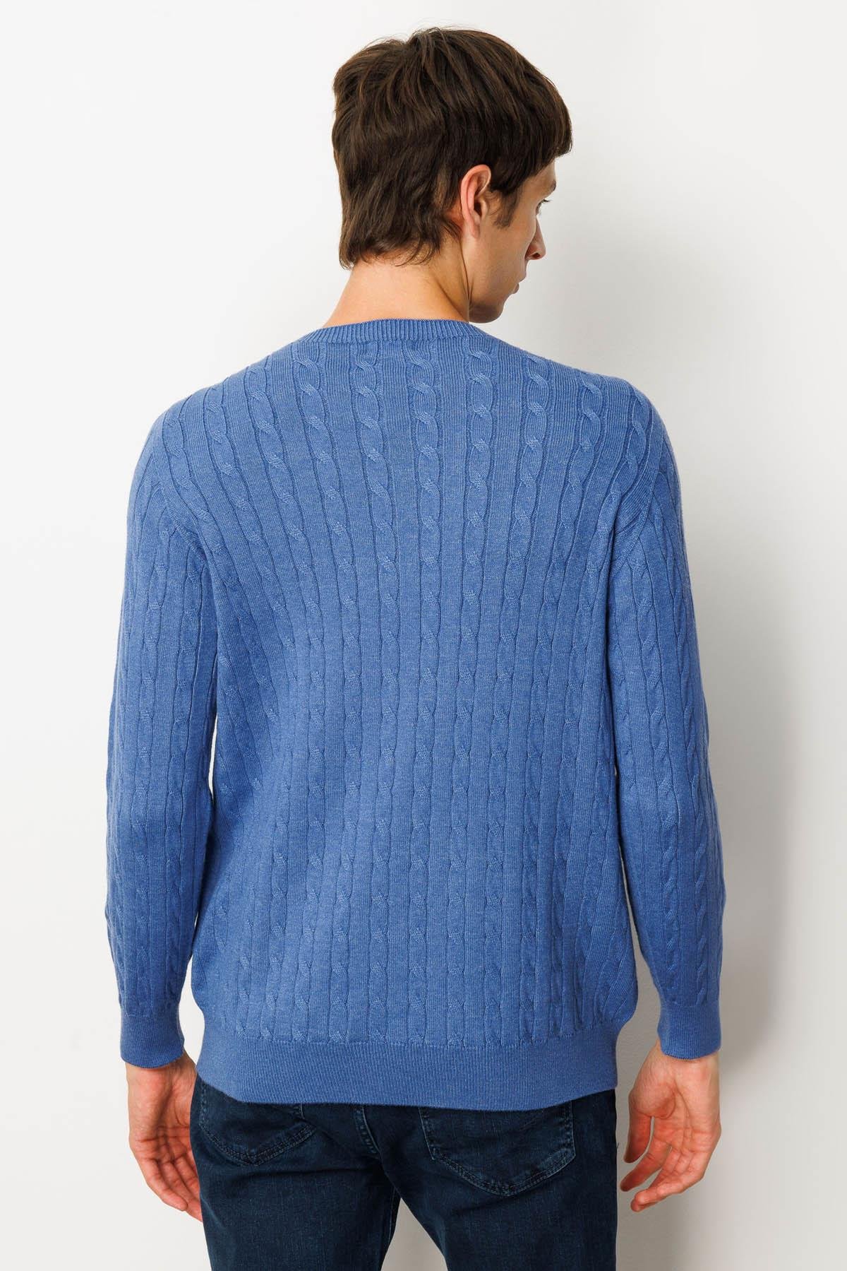 25500Erkek Sıfır Yaka Saç Örgülü Kazak İndigo