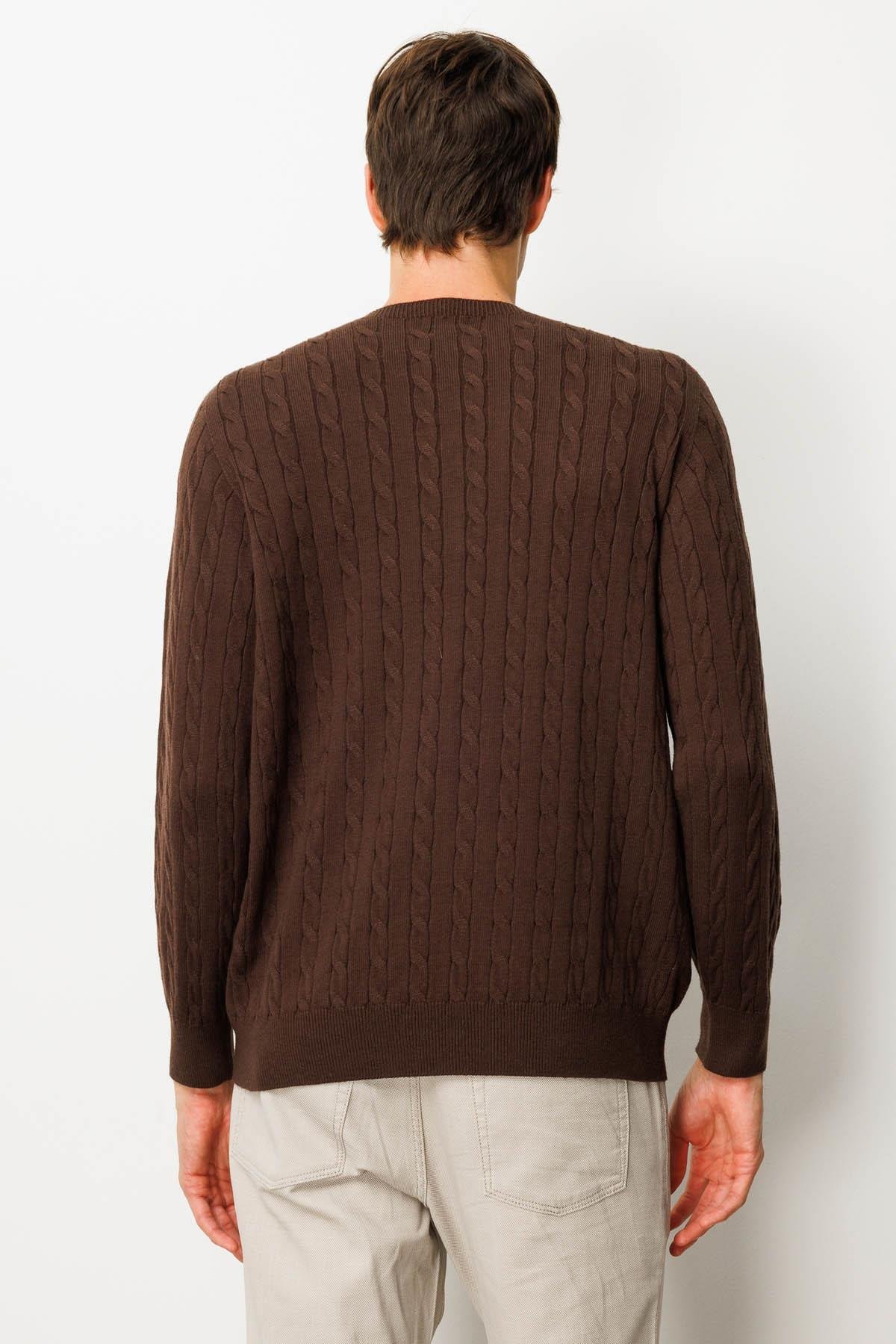 25500Erkek Sıfır Yaka Saç Örgülü Kazak Kahve