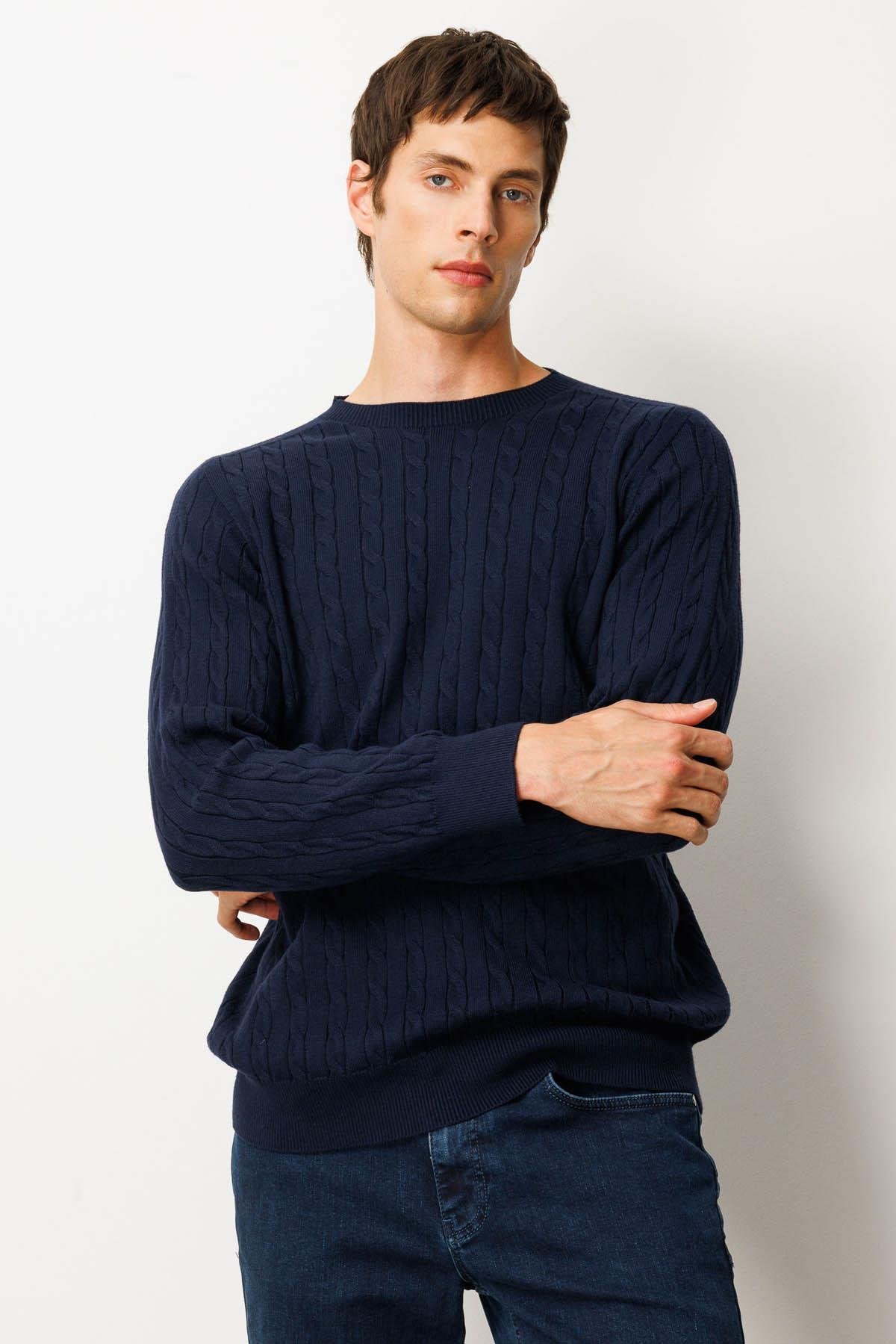 25500Erkek Sıfır Yaka Saç Örgülü Kazak K.Lacivert