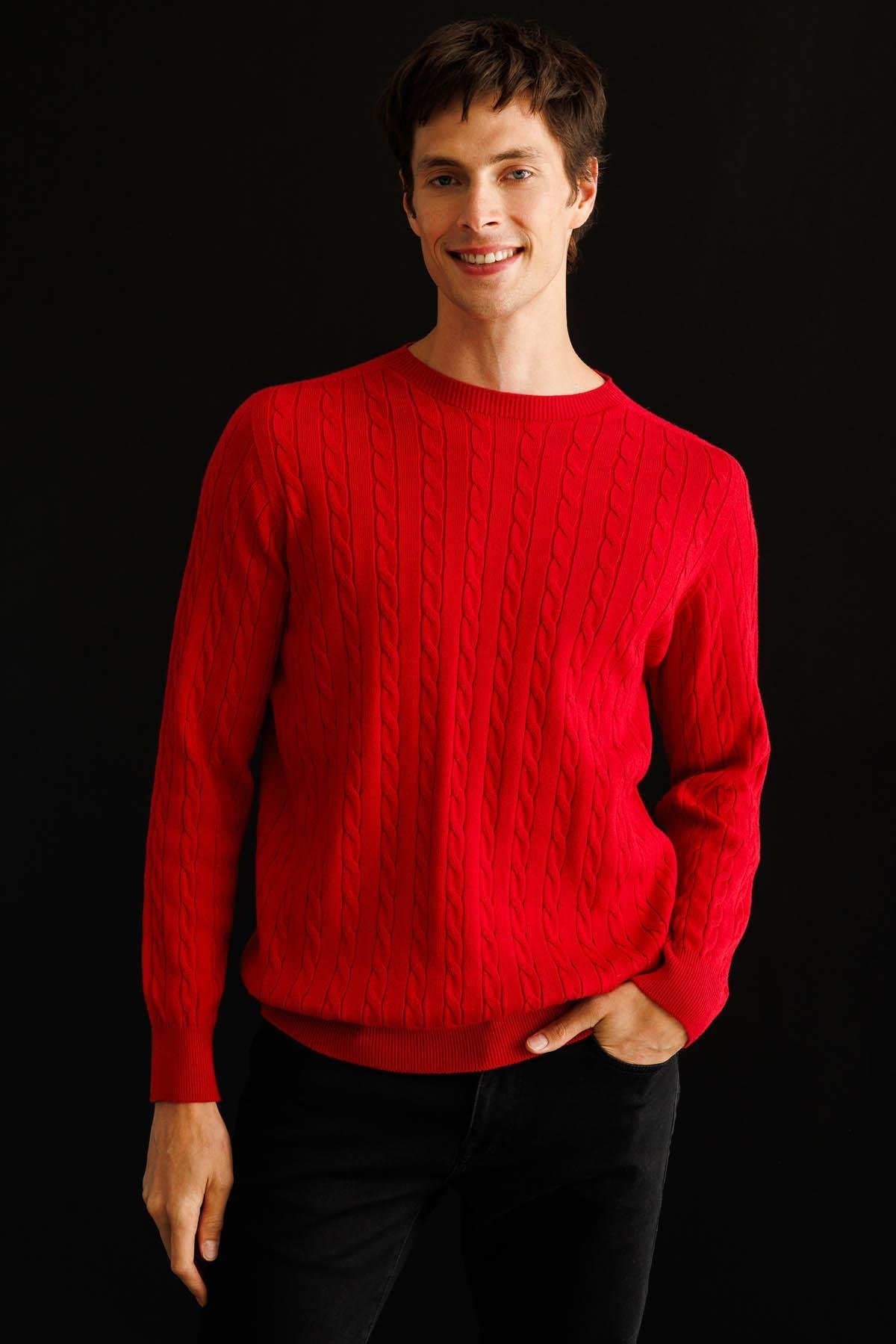 25500Erkek Sıfır Yaka Saç Örgülü Kazak K.Kırmızı