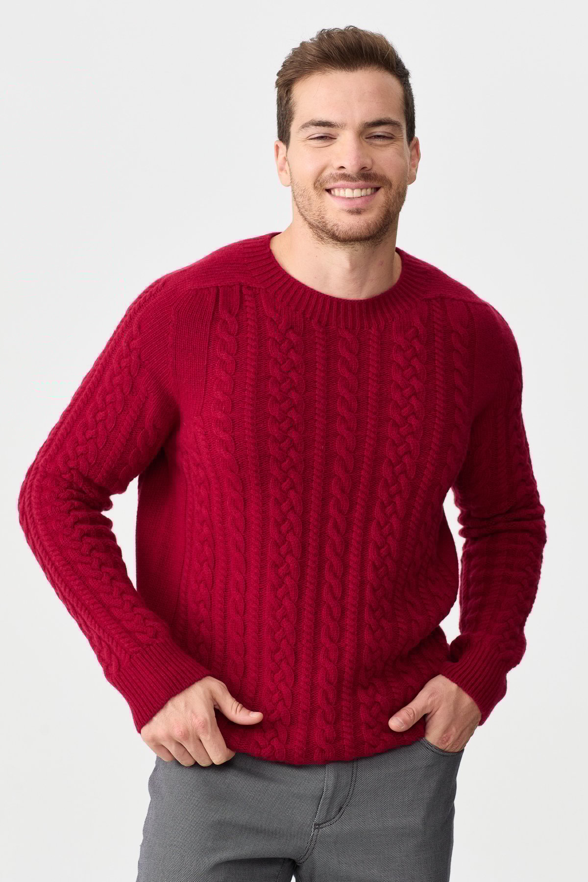 22588Мужской вязаный шерстяной свитер с круглым вырезом, вишневый 