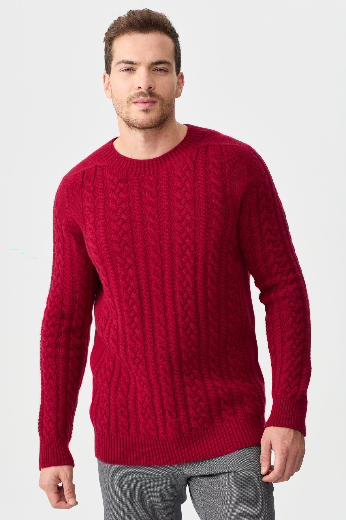 22588Мужской вязаный шерстяной свитер с круглым вырезом, вишневый 