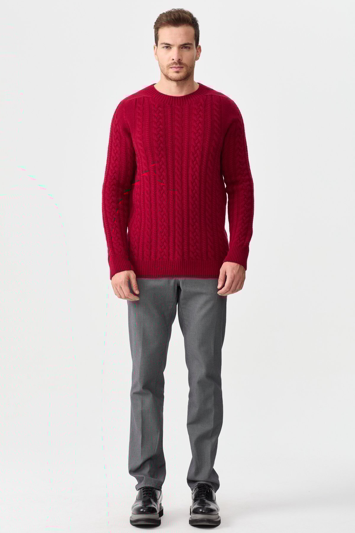 22588Мужской вязаный шерстяной свитер с круглым вырезом, вишневый 