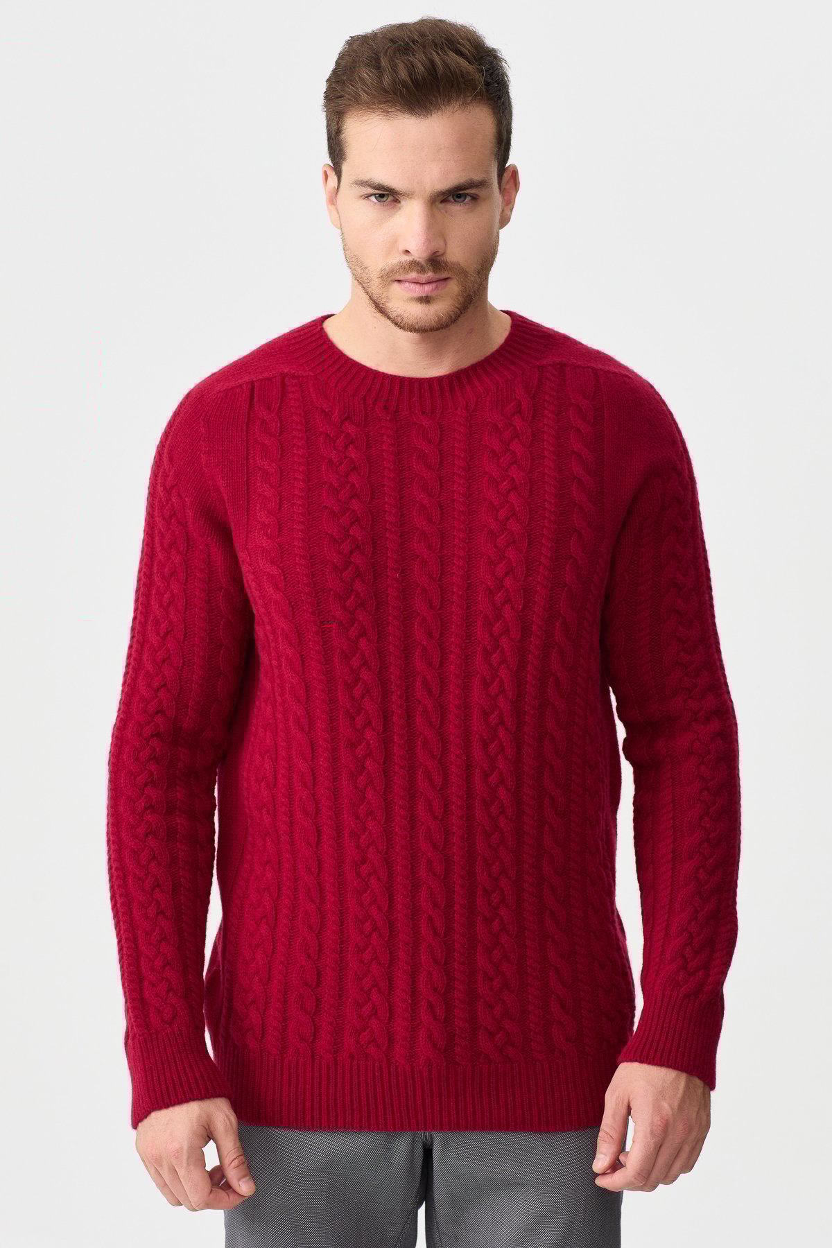 22588Мужской вязаный шерстяной свитер с круглым вырезом, вишневый 