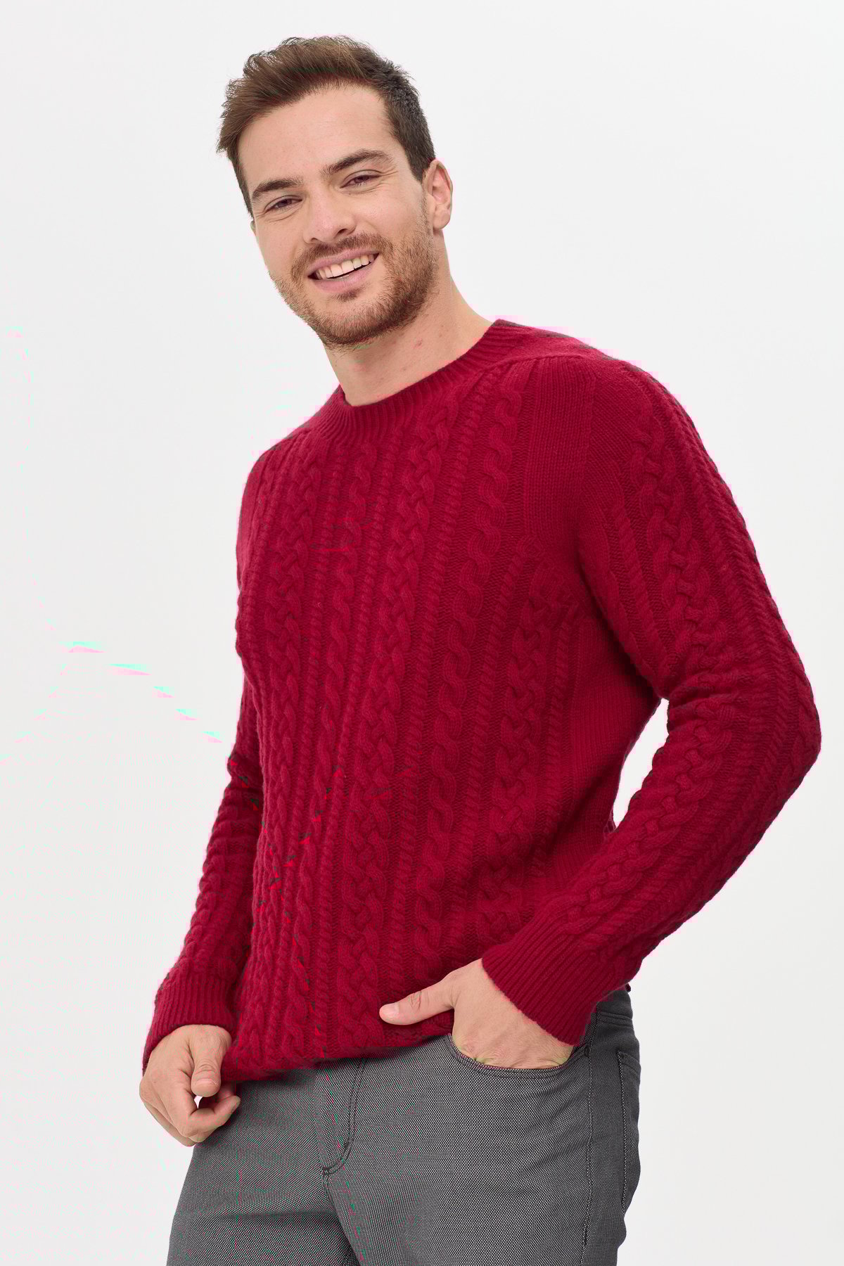22588Мужской вязаный шерстяной свитер с круглым вырезом, вишневый 