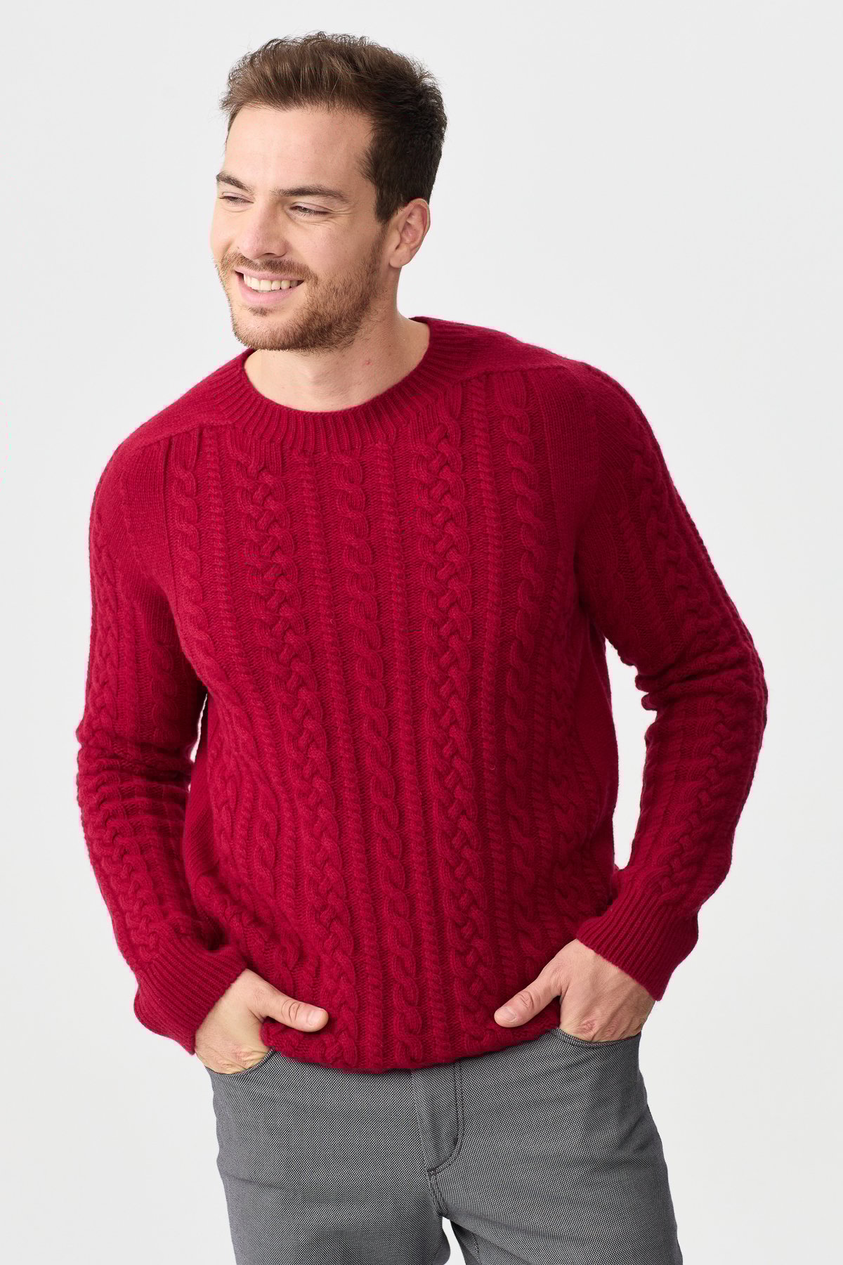 22588Мужской вязаный шерстяной свитер с круглым вырезом, вишневый 