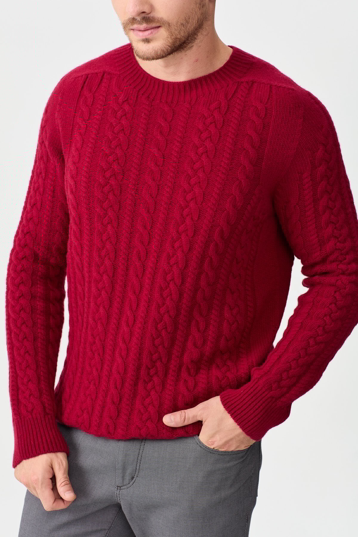 22588Мужской вязаный шерстяной свитер с круглым вырезом, вишневый 