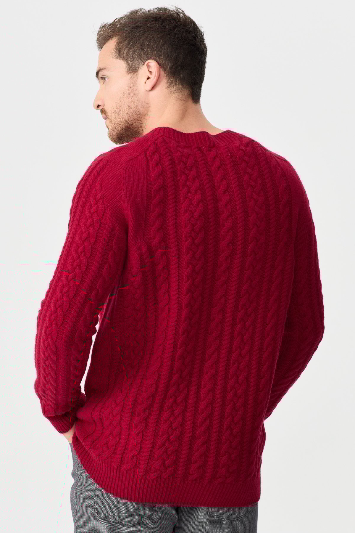 22588Мужской вязаный шерстяной свитер с круглым вырезом, вишневый 