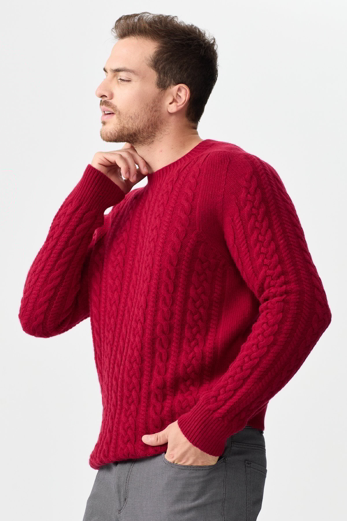 22588Мужской вязаный шерстяной свитер с круглым вырезом, вишневый 