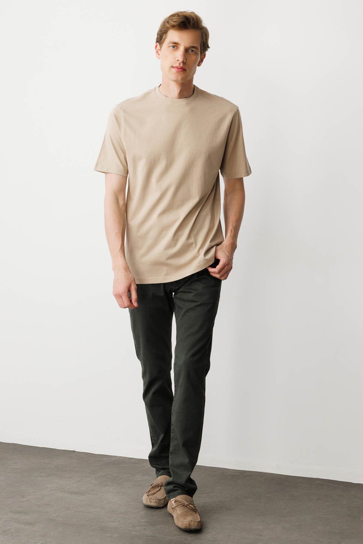 25725Erkek Sıfır Yaka T-shirt K.Bej