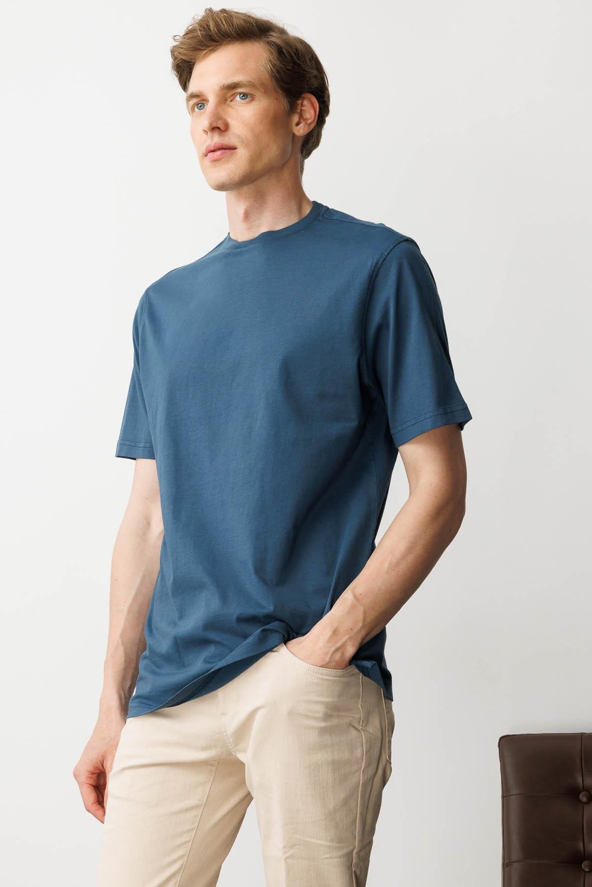 25725Erkek Sıfır Yaka T-shirt Petrol