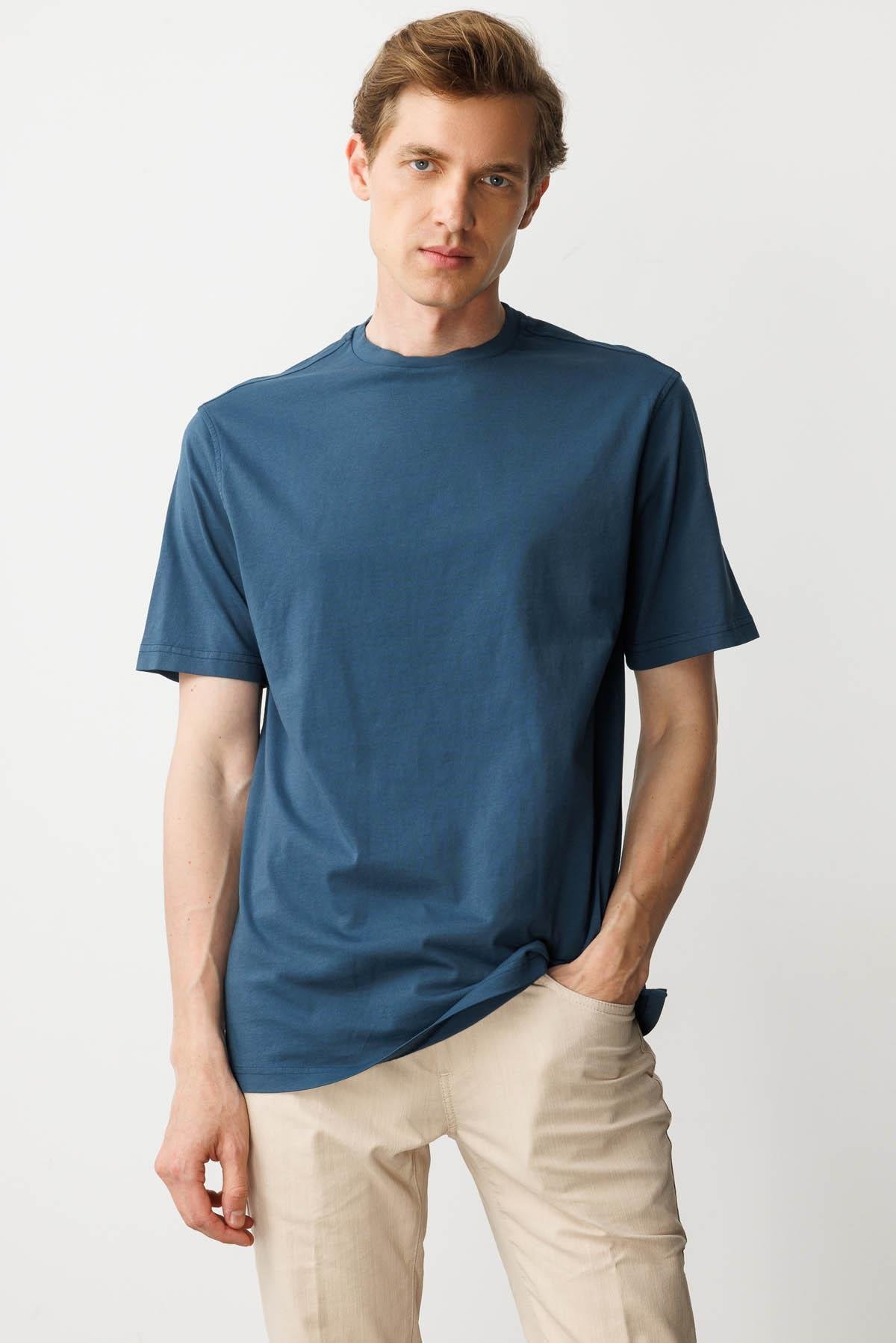 25725Erkek Sıfır Yaka T-shirt Petrol