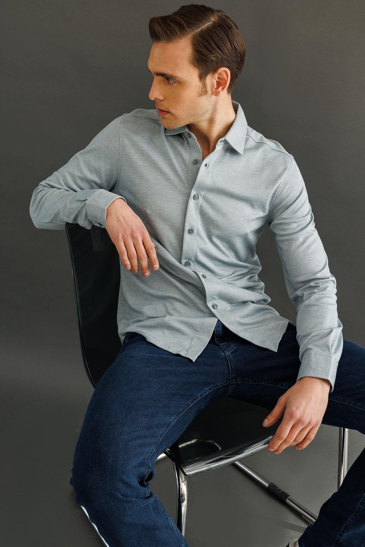 950Erkek Uzun Kol Manşetli Gömlek Gri