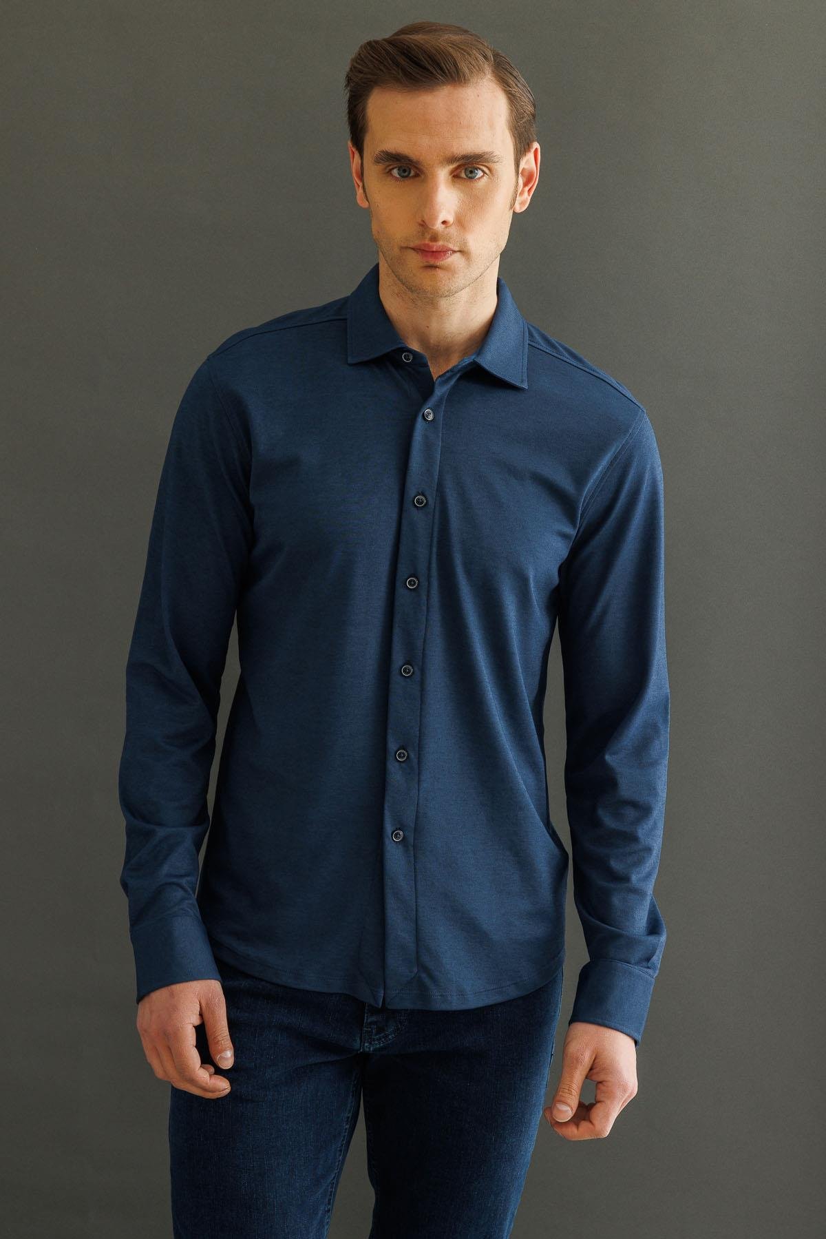 950Erkek Uzun Kol Manşetli Gömlek Petrol