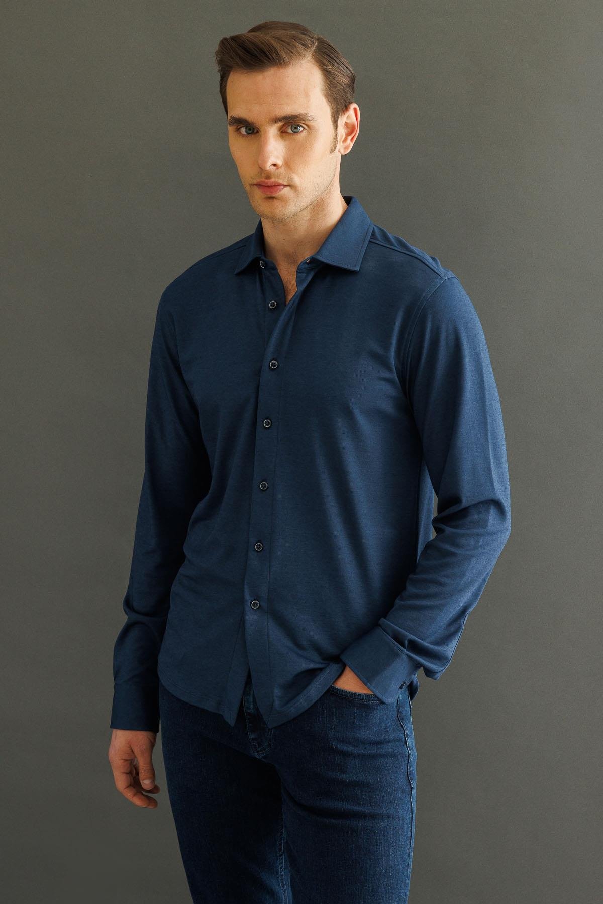 950Erkek Uzun Kol Manşetli Gömlek Petrol