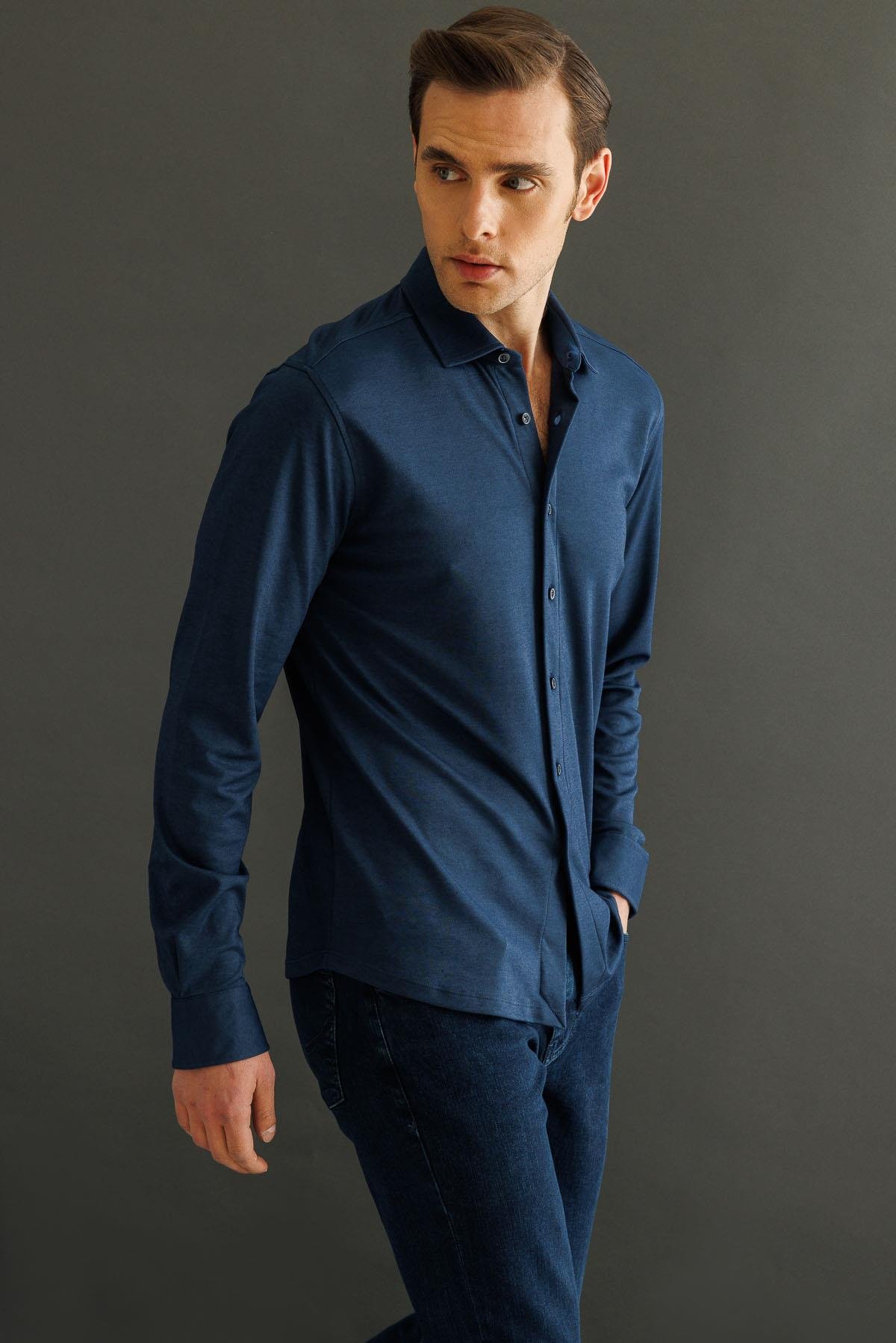 950Erkek Uzun Kol Manşetli Gömlek Petrol
