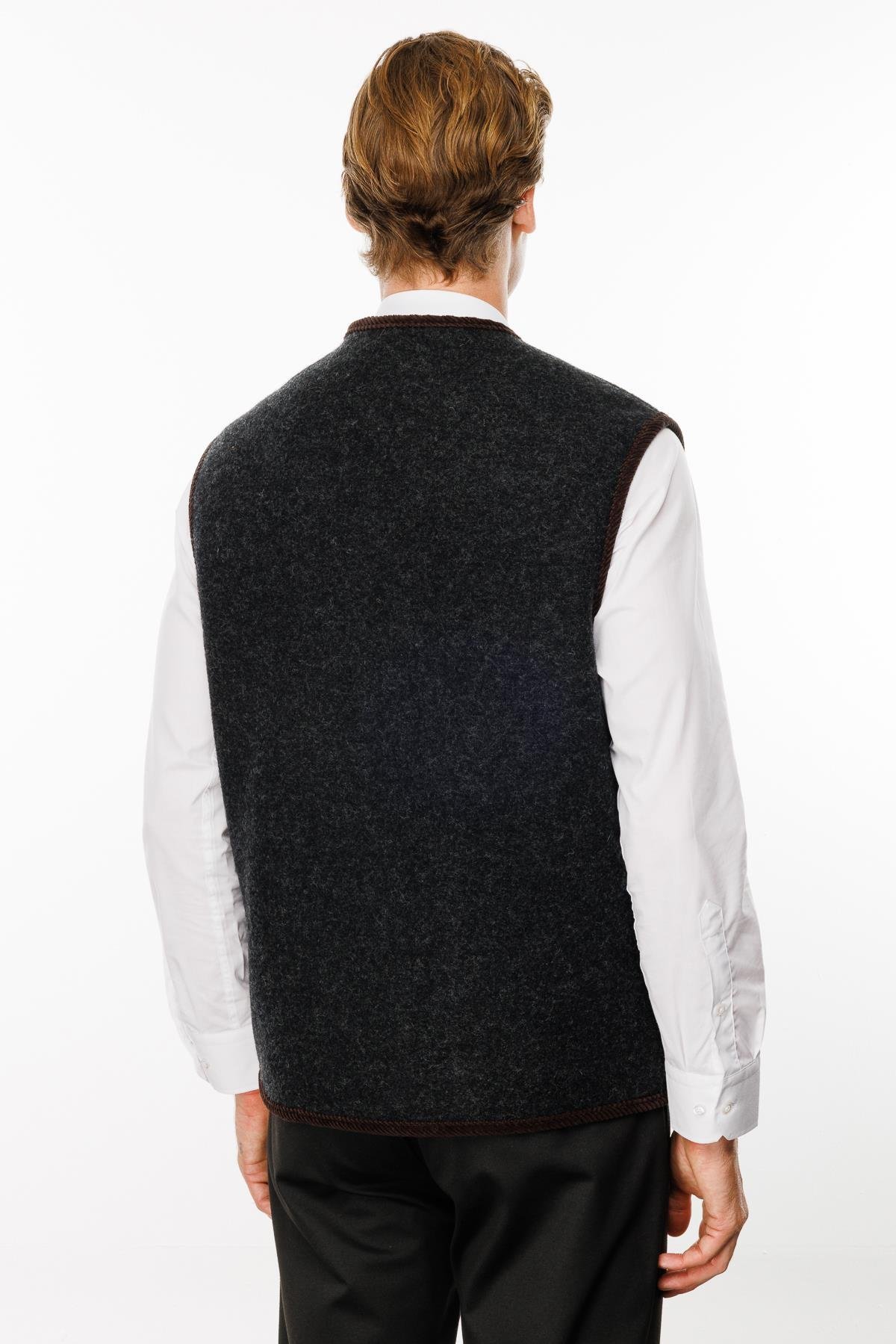 24583Erkek V Yaka Astarı Desenli Yün Yelek K.Füme