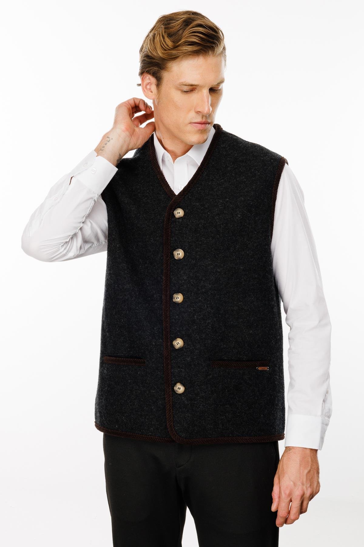 24583Erkek V Yaka Astarı Desenli Yün Yelek K.Füme