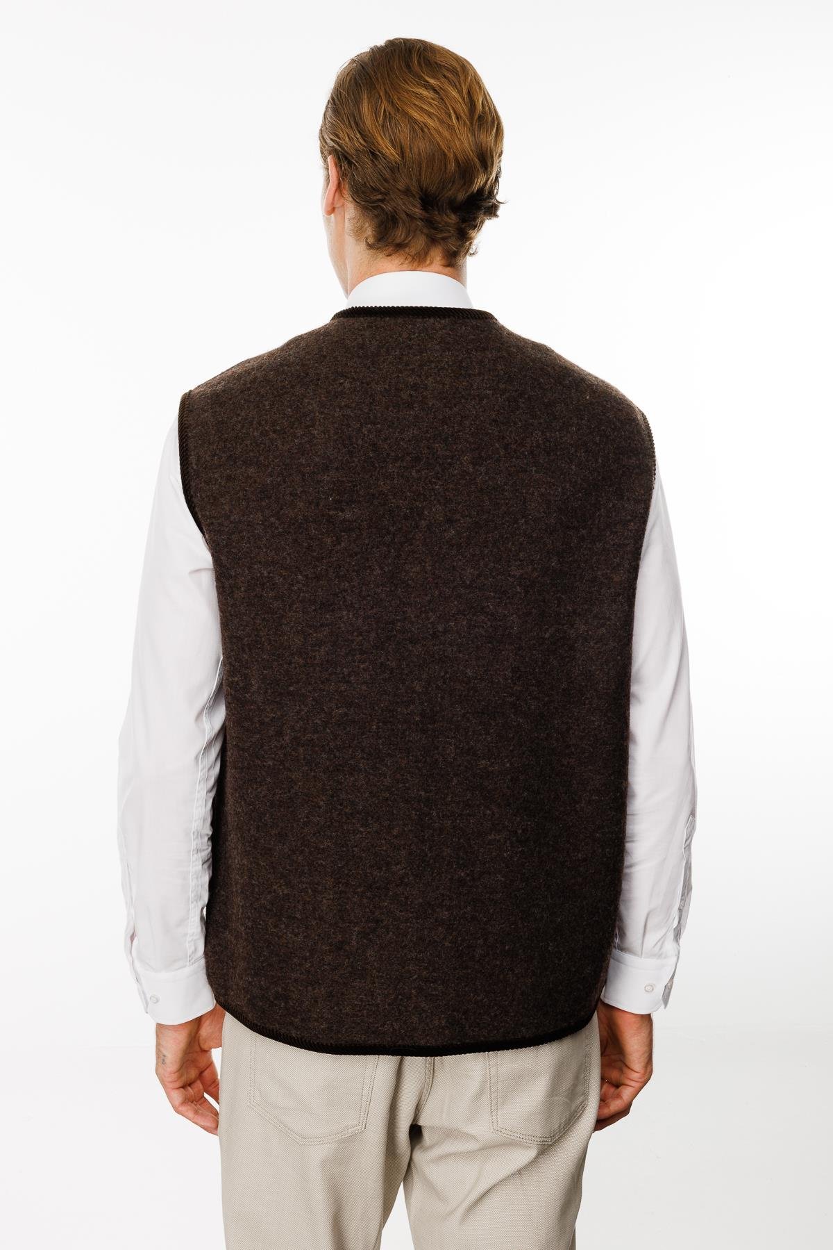 24583Erkek V Yaka Astarı Desenli Yün Yelek Kahve