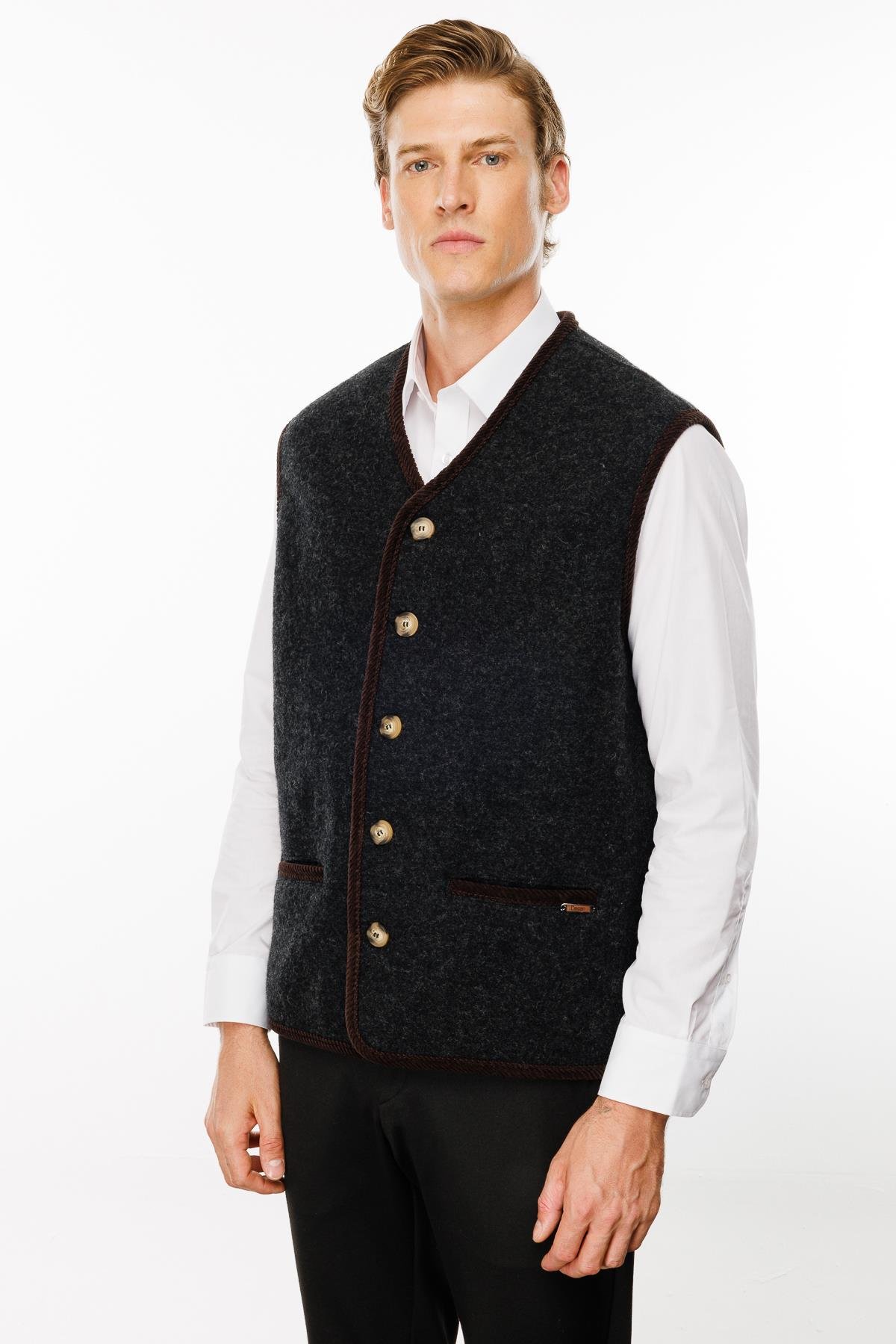 24583Erkek V Yaka Astarı Desenli Yün Yelek K.Füme