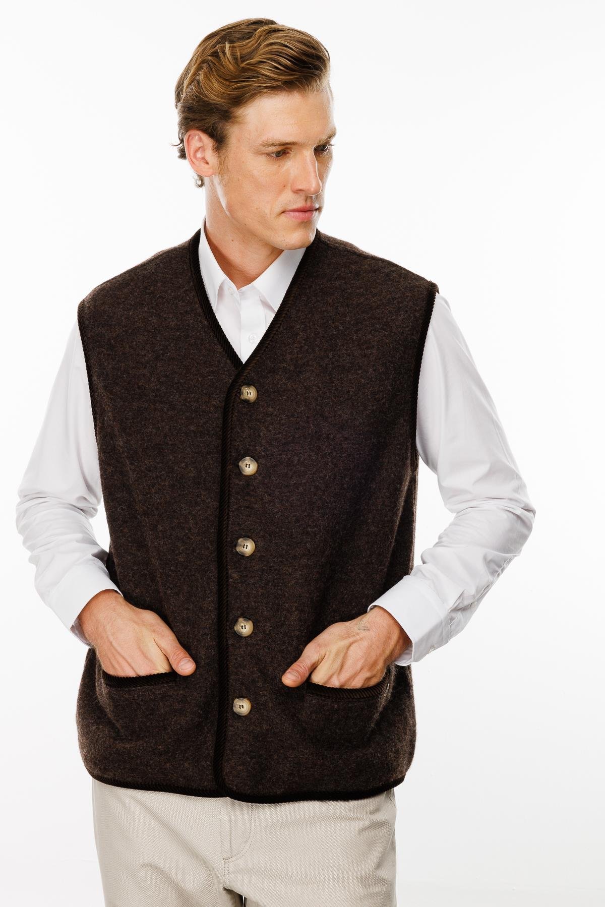 24583Erkek V Yaka Astarı Desenli Yün Yelek Kahve