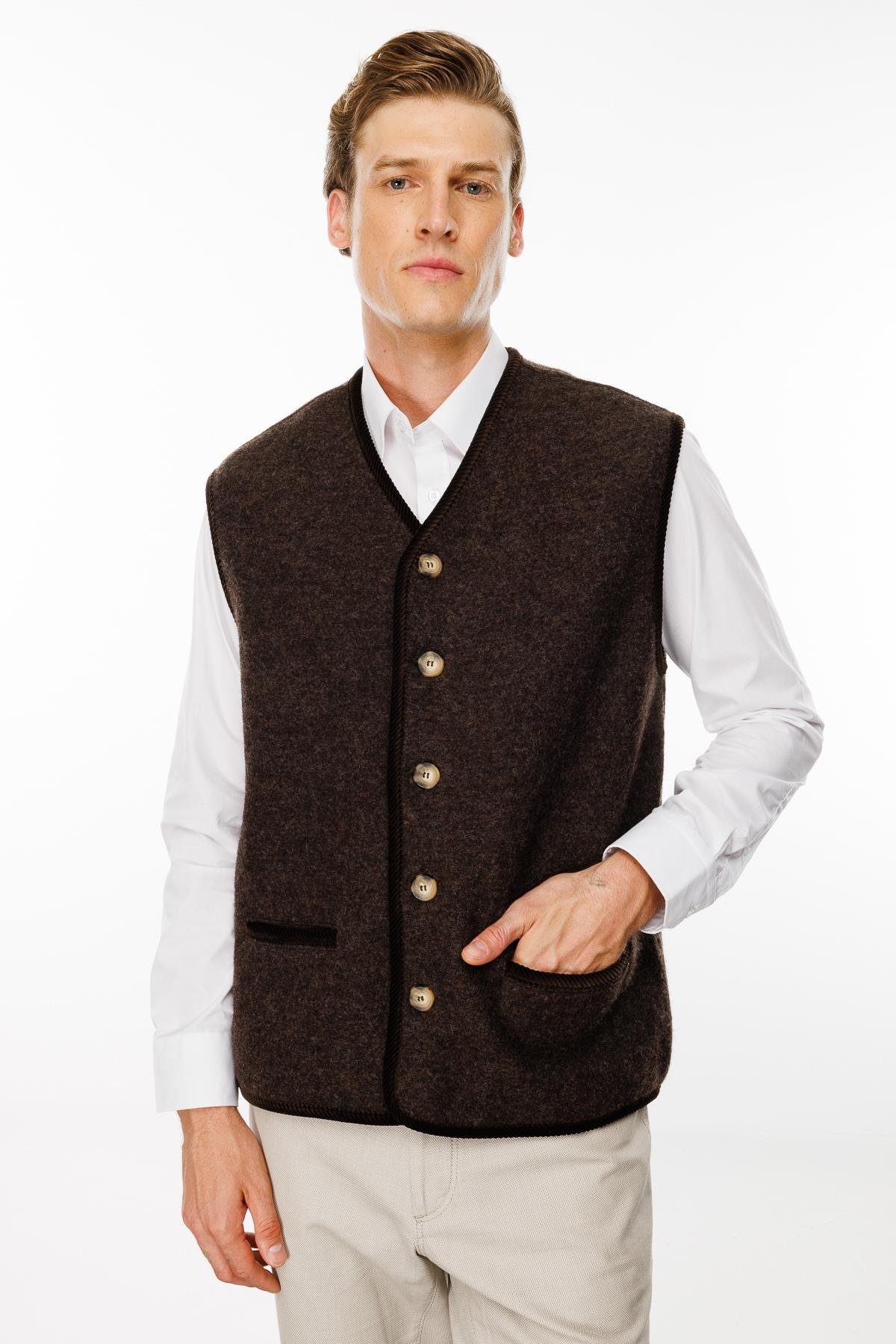 24583Erkek V Yaka Astarı Desenli Yün Yelek Kahve