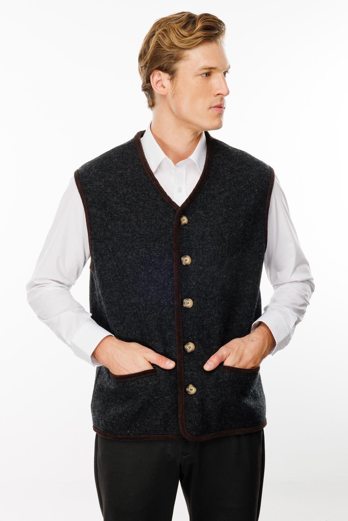 24583Erkek V Yaka Astarı Desenli Yün Yelek K.Füme