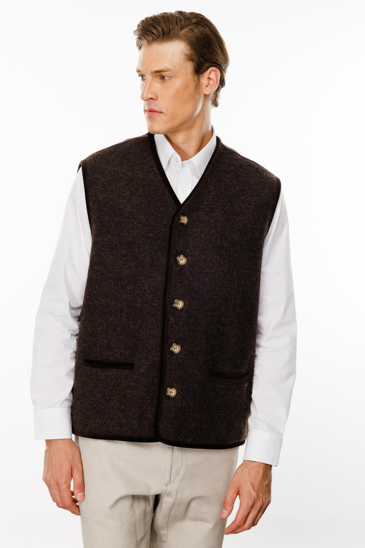 24583Erkek V Yaka Astarı Desenli Yün Yelek Kahve