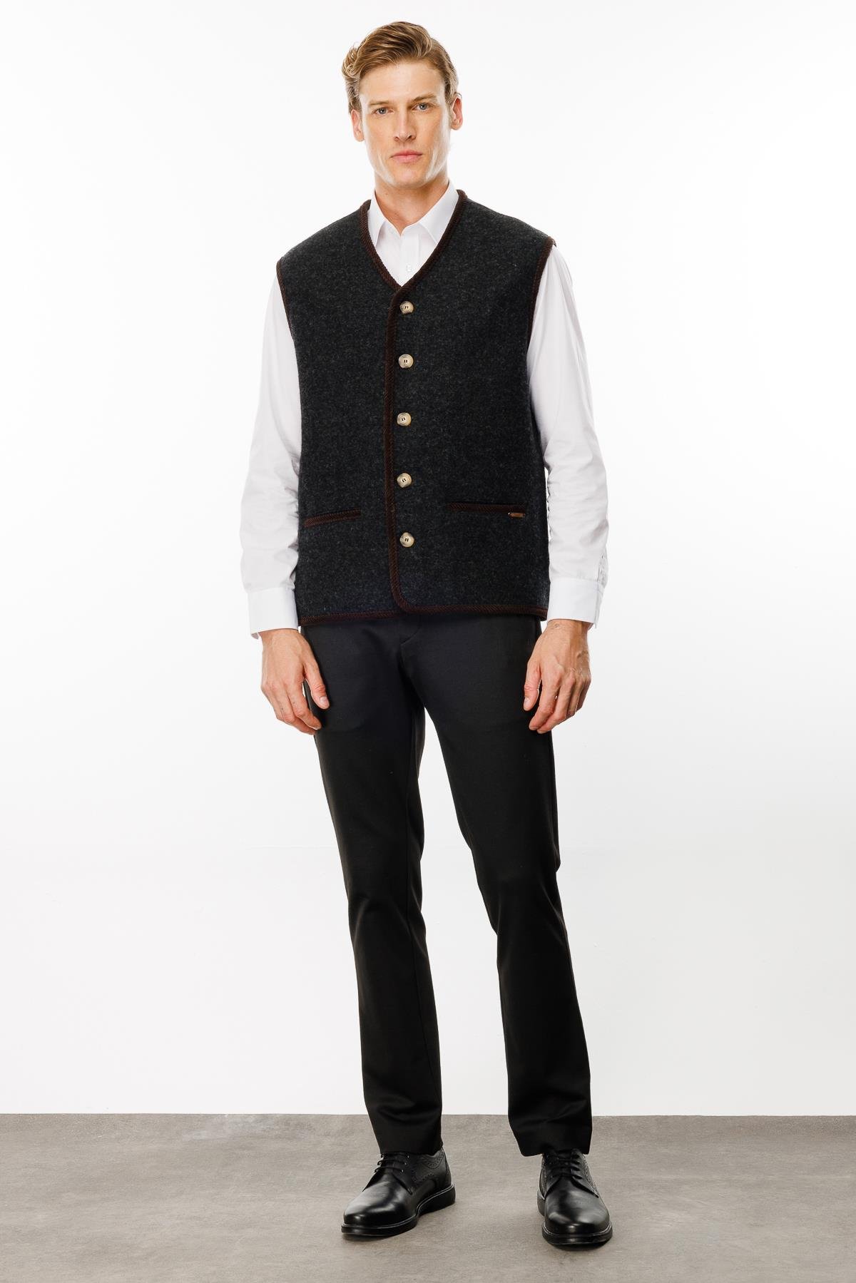 24583Erkek V Yaka Astarı Desenli Yün Yelek K.Füme