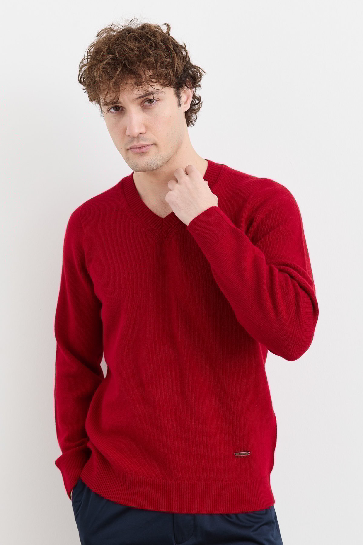 23526Erkek V Yaka Basic Yün Kazak K.Kırmızı