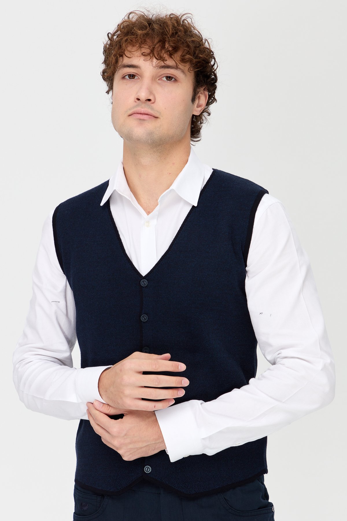 23560Erkek V Yaka Çift Renkli İnce Triko Yelek Lacivert