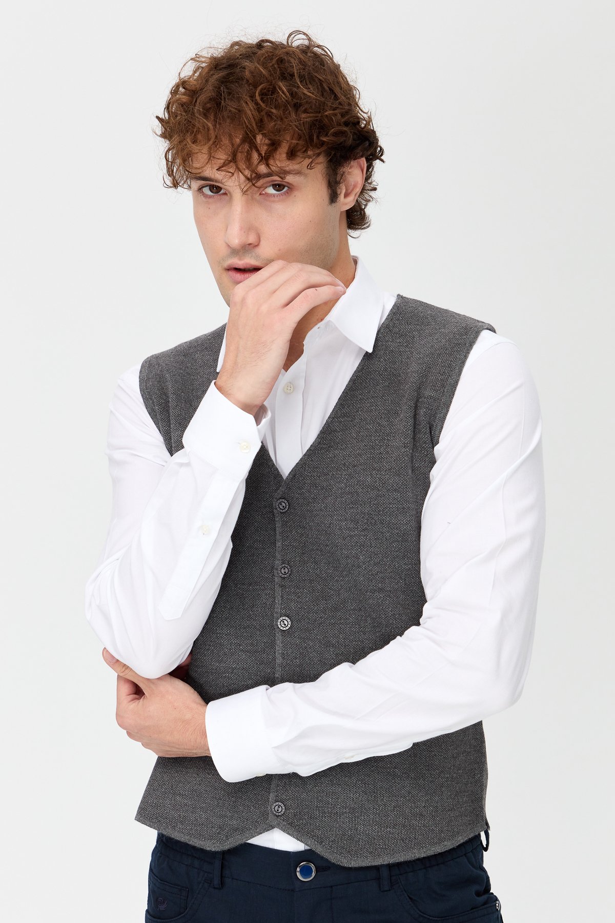 23560Erkek V Yaka Çift Renkli İnce Triko Yelek Gri
