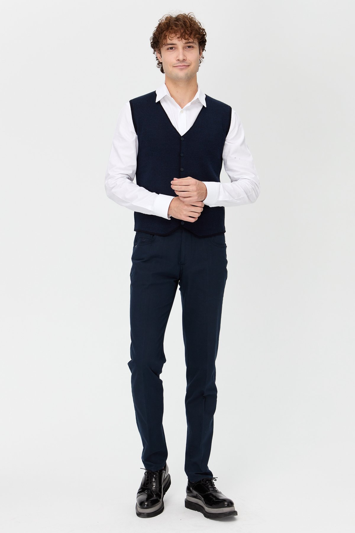 23560Erkek V Yaka Çift Renkli İnce Triko Yelek Lacivert