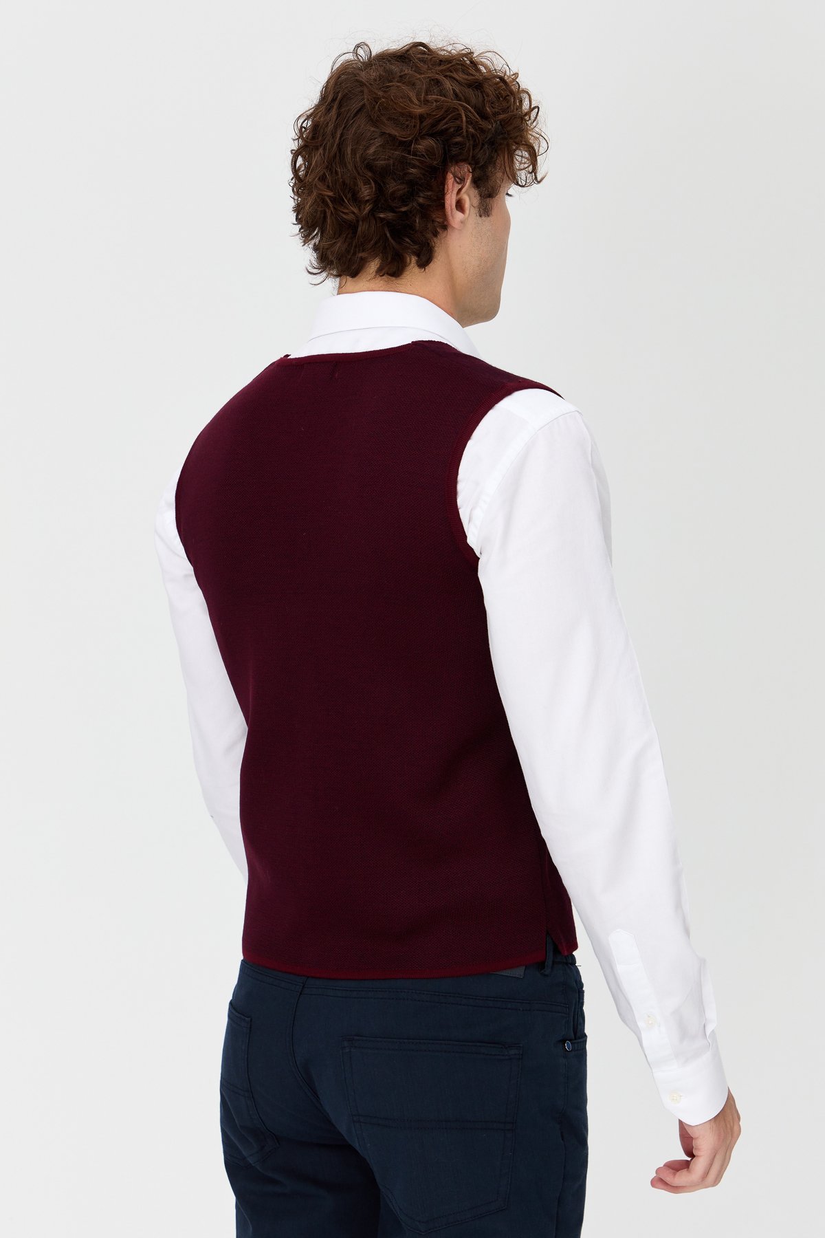 23560Erkek V Yaka Çift Renkli İnce Triko Yelek Bordo