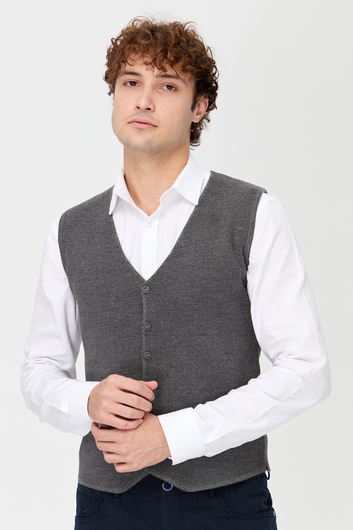 23560Erkek V Yaka Çift Renkli İnce Triko Yelek Gri
