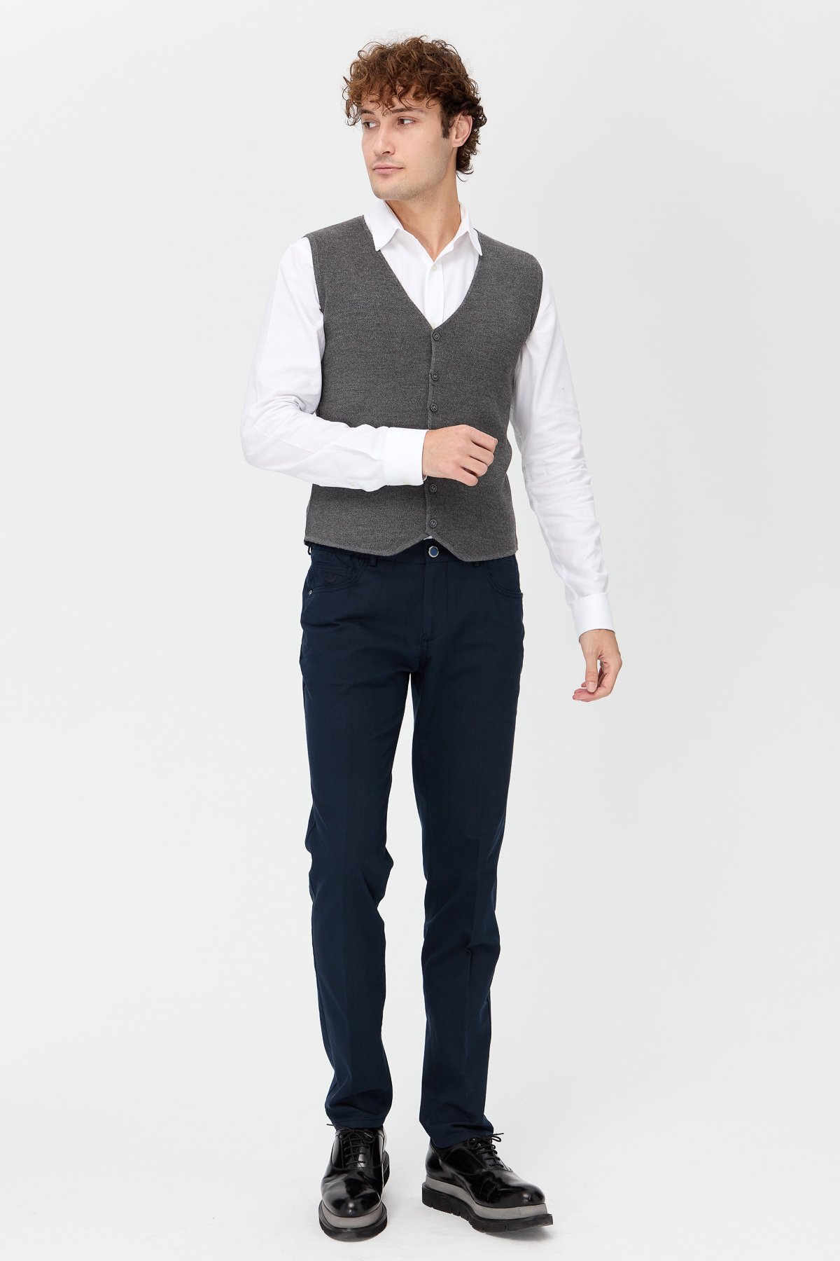 23560Erkek V Yaka Çift Renkli İnce Triko Yelek Gri