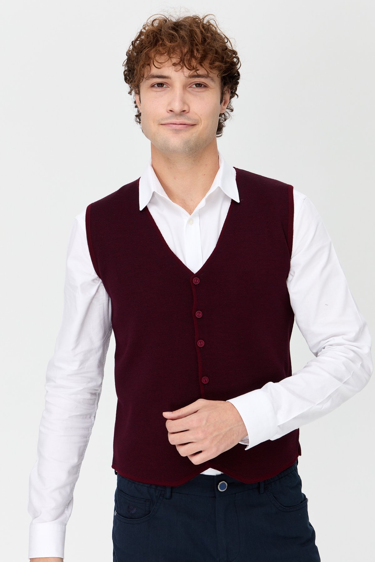 23560Erkek V Yaka Çift Renkli İnce Triko Yelek Bordo