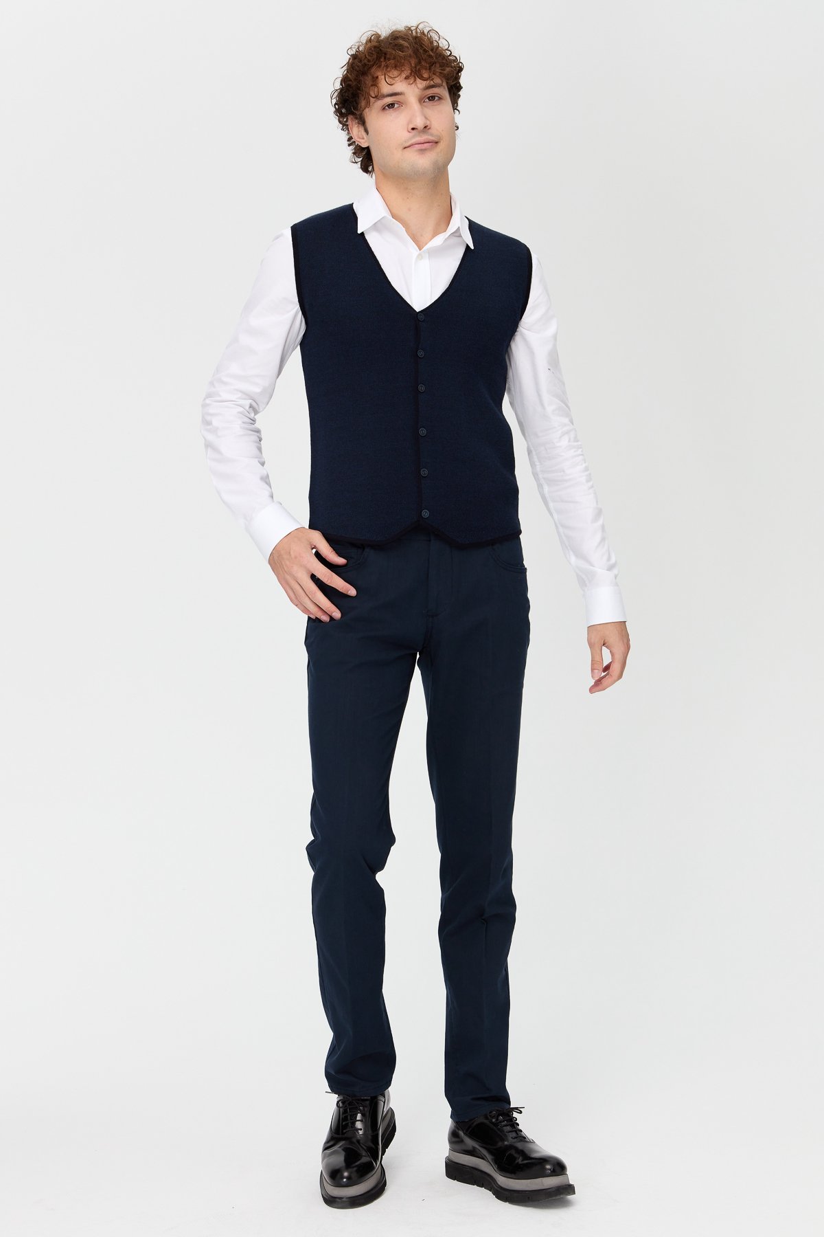 23560Erkek V Yaka Çift Renkli İnce Triko Yelek Lacivert