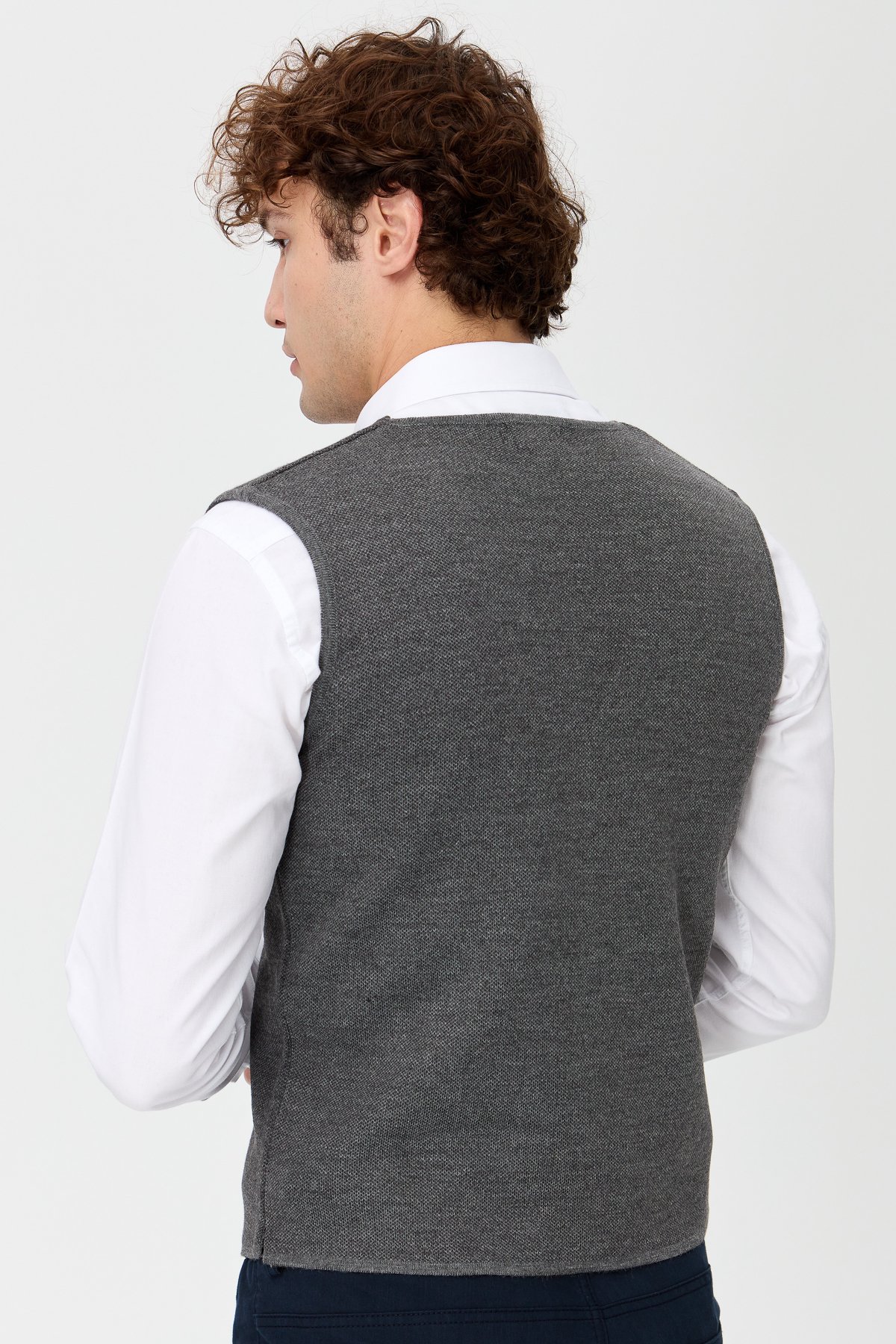 23560Erkek V Yaka Çift Renkli İnce Triko Yelek Gri