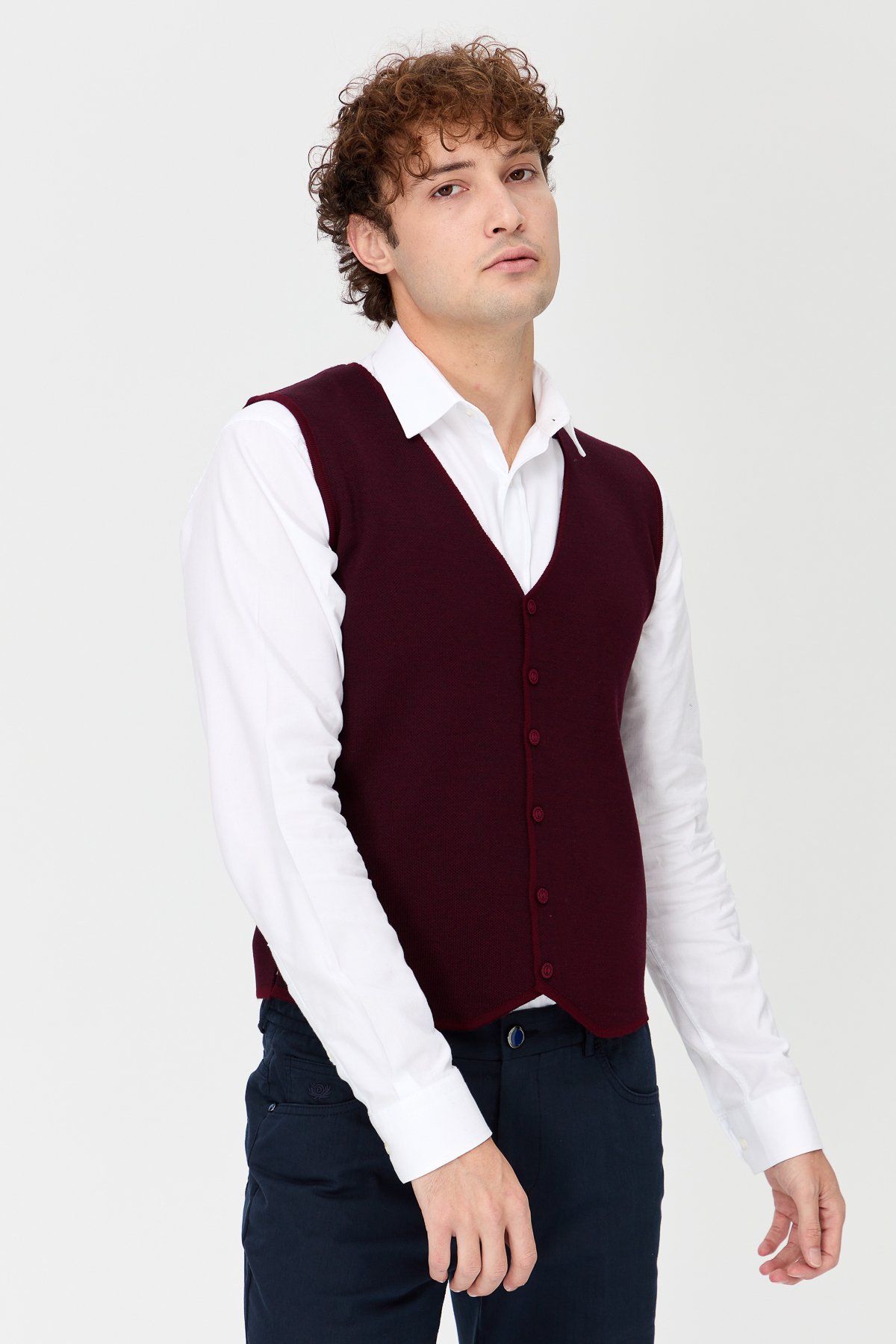 23560Erkek V Yaka Çift Renkli İnce Triko Yelek Bordo