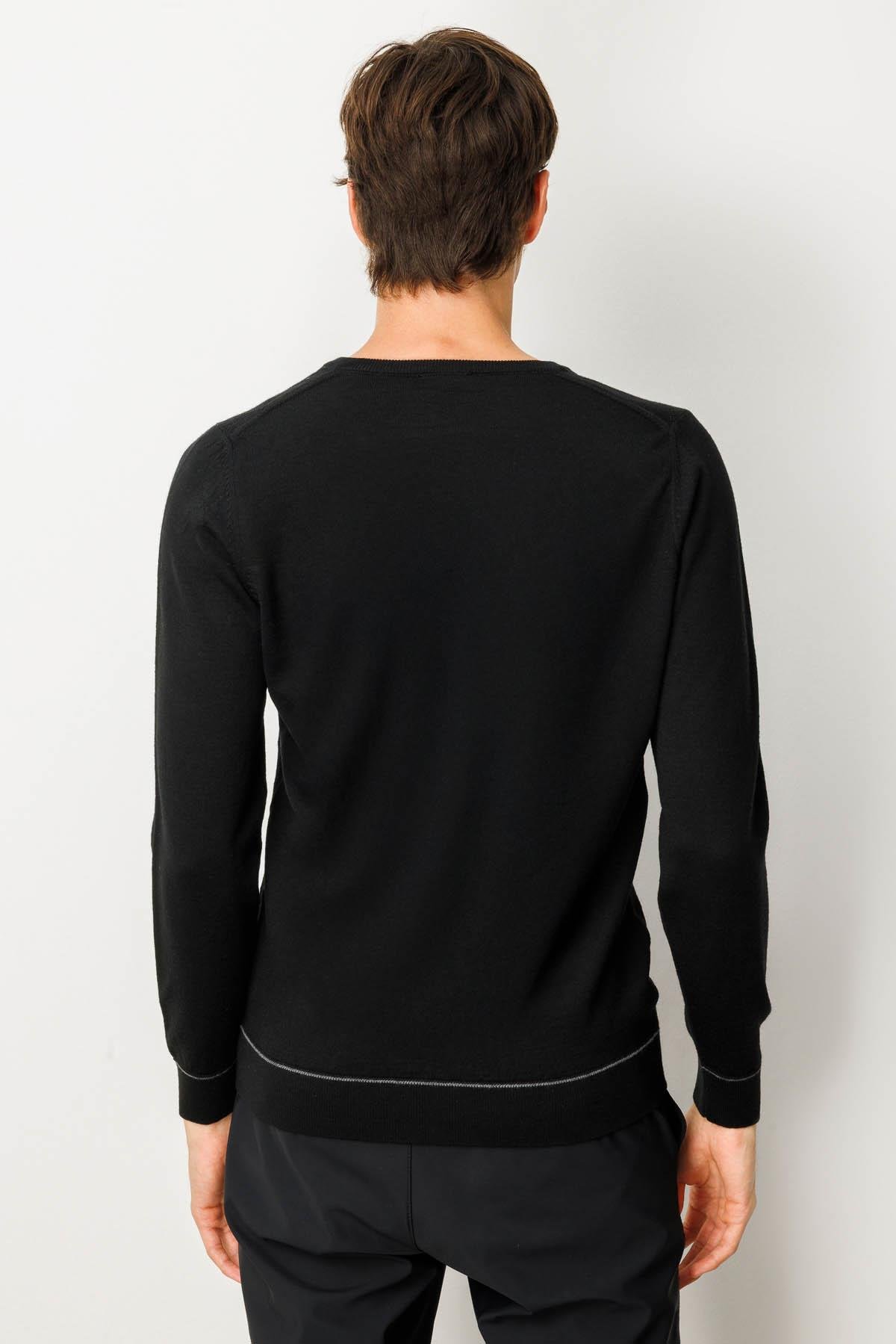 25604Erkek V Yaka Çizgili Baklavalı Yün Kazak Siyah