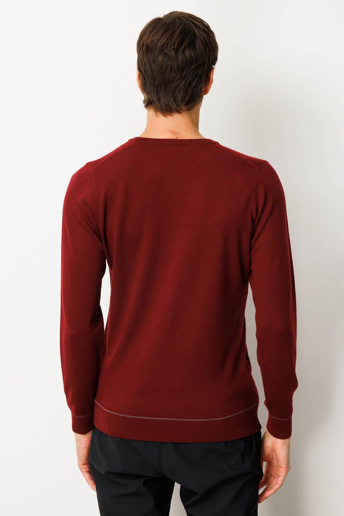 25604Erkek V Yaka Çizgili Baklavalı Yün Kazak Bordo